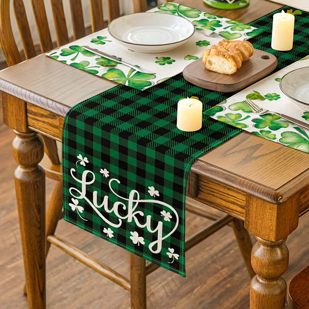 1pc, Linen Table Runner, Green And Black Buffalo Plaid Table Runner, Heart  Shamrock St. Patrick's Day Table Runner, Seasonal Spring Holiday Kitchen Di