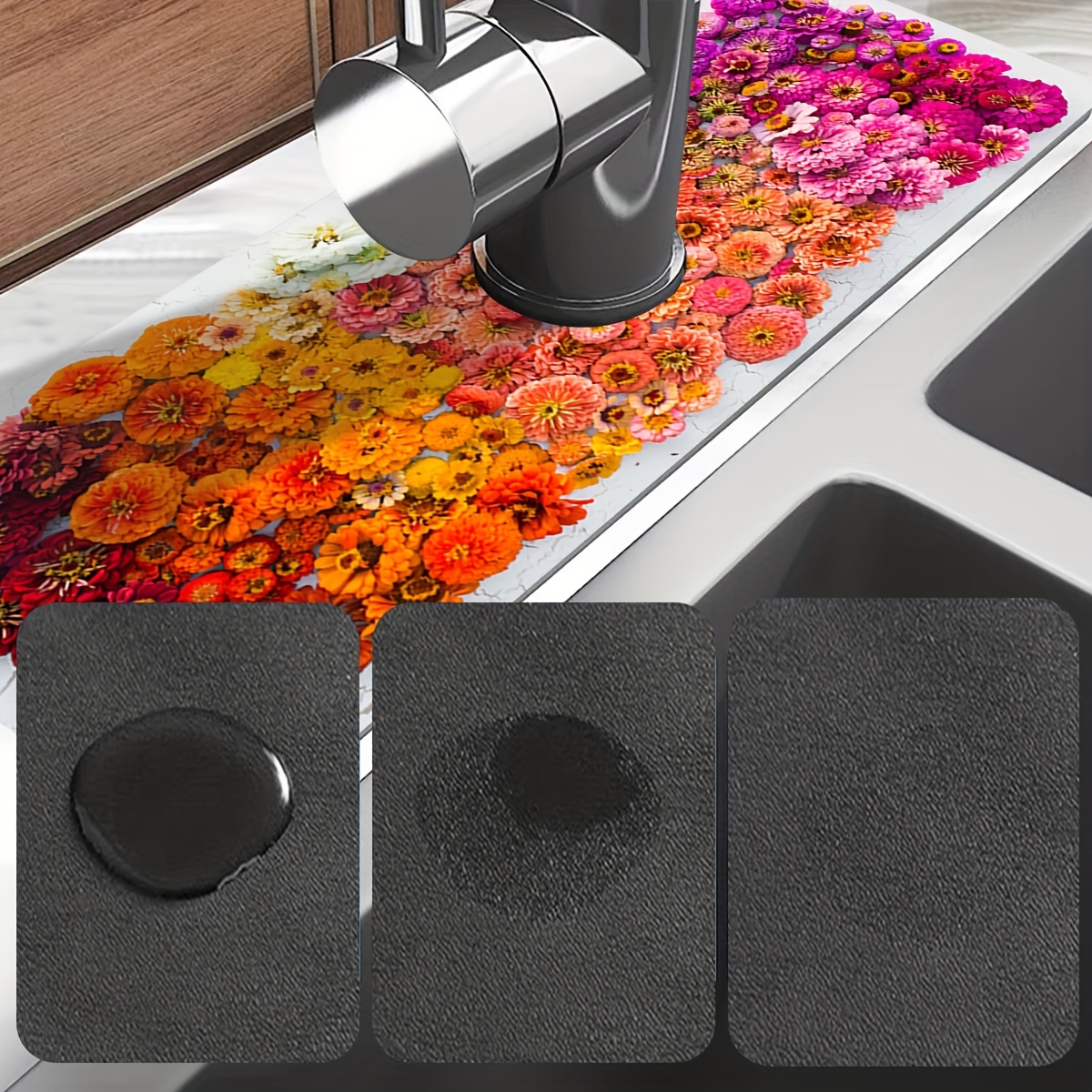 1pc Floral Sink Faucet Absorbent Mat Drainage Pad Kitchen Bathroom Sink Pad  Countertop Drain Pad Diatomaceous Washbasin Mud Cuttable Quick Drying Pad, Save Money On Temu