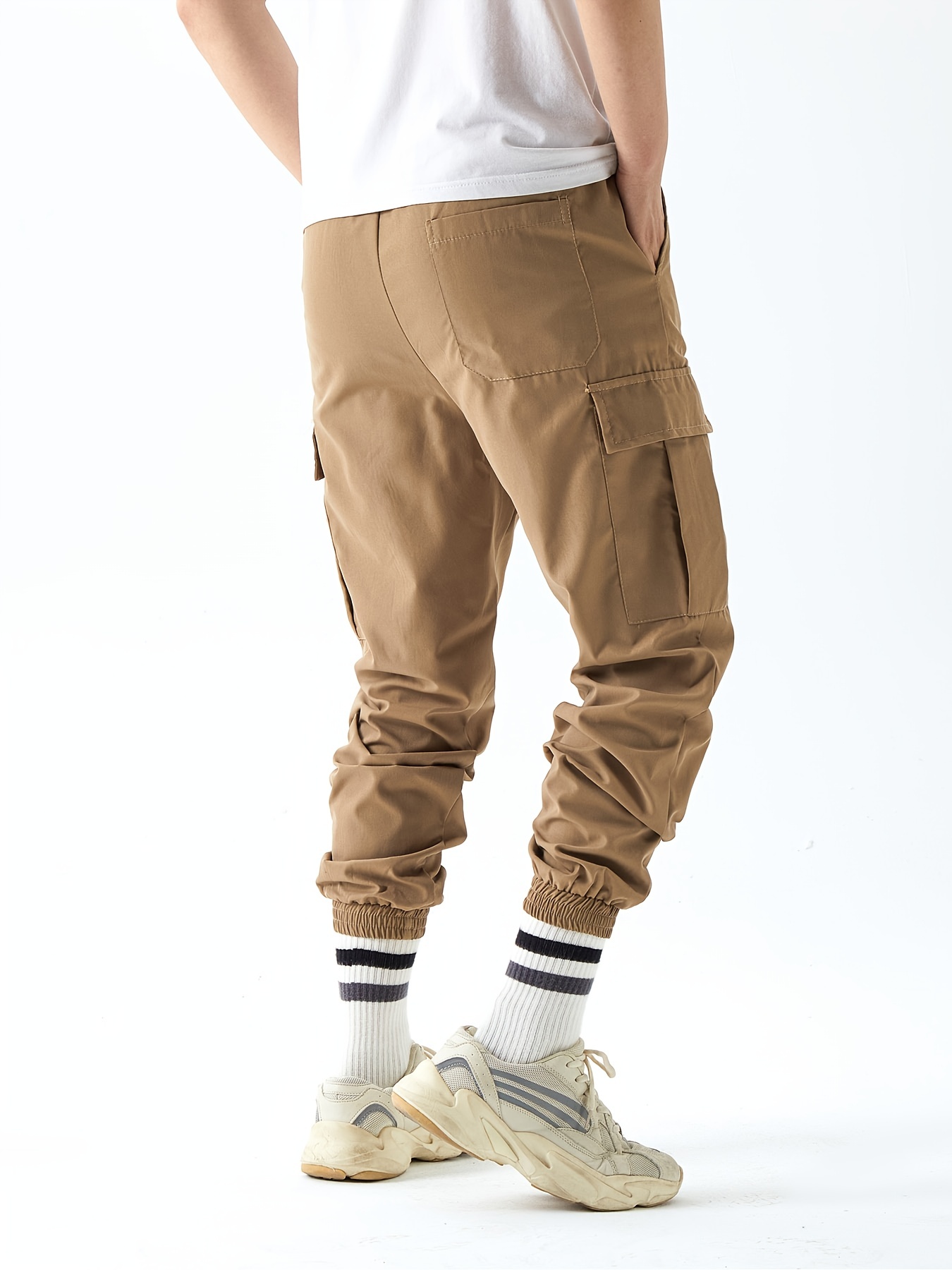 Trendy Letter Print Cargo Pants, Men's Multi Flap Pocket Trousers