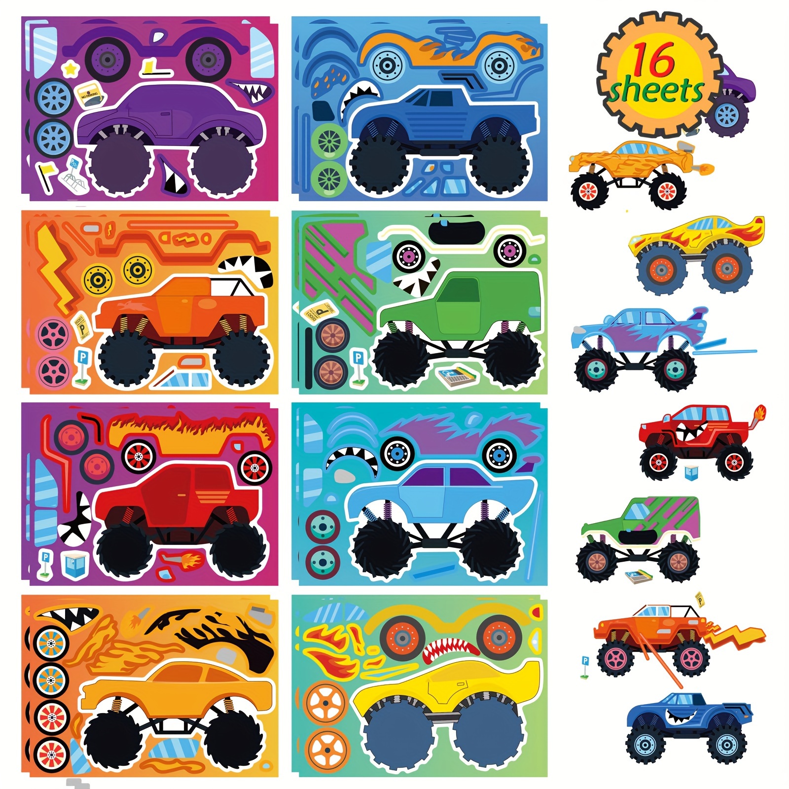 

16 Sheets Monster Truck Make Your Own Stickers With 8 Designs, Monster Truck-themed Birthday Party Decoration