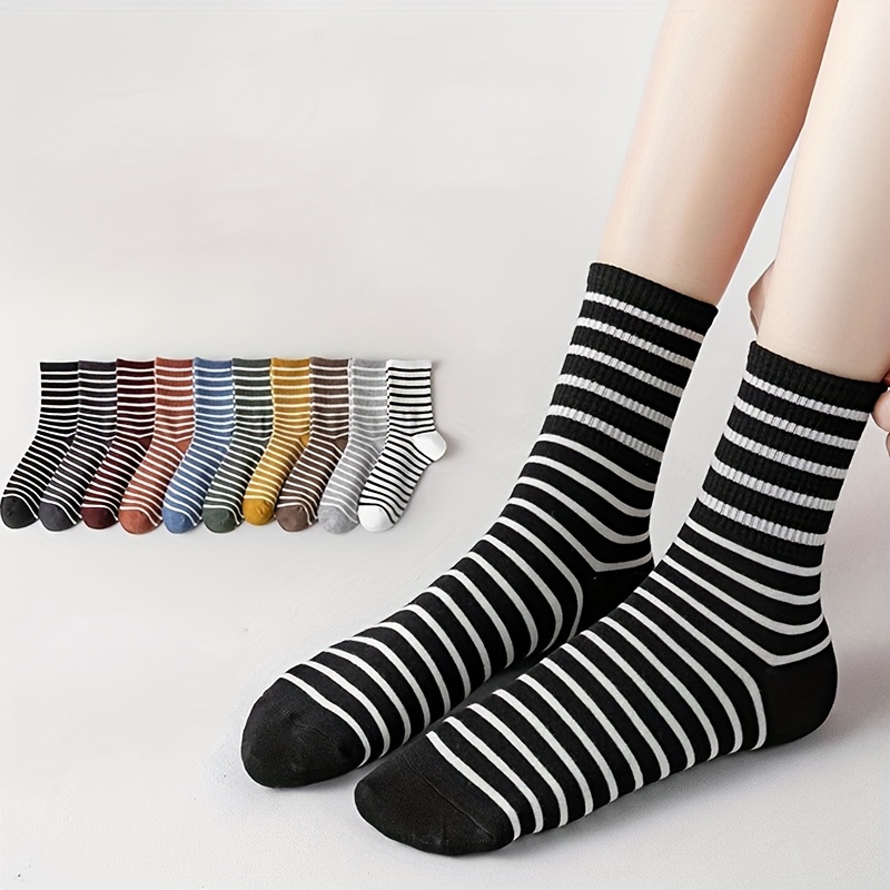 

3 Pairs/5 Pairs/10 Pairs Of Women's Striped Mid-calf Socks For Autumn And Winter, Warm Ins, Trendy And Simple College Style, Long Tube, Spring And Summer