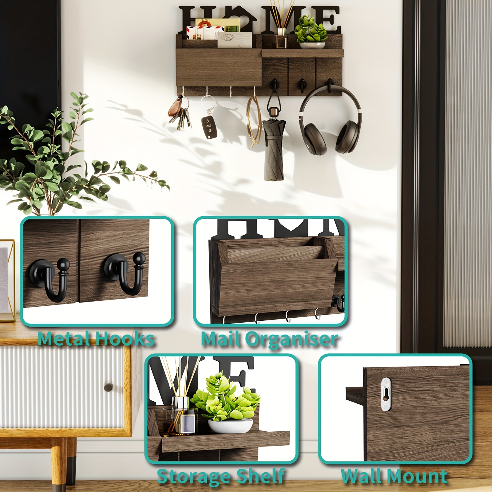 Wooden Wall-Mounted Key Holder Set with 7 Hooks for Keys and Mail
