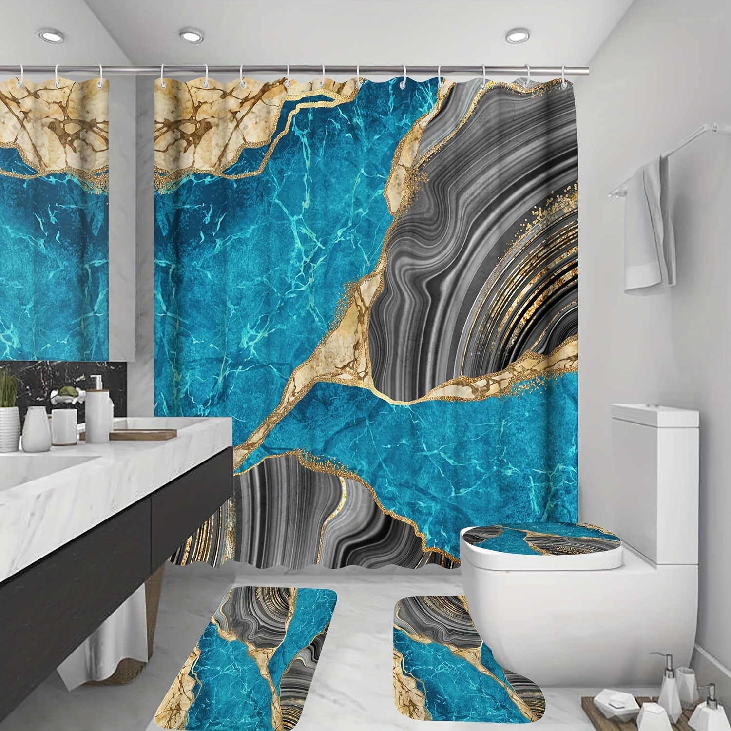 Juego de baño con cola de sirena azul con cortina de ducha, accesorios de  decoración de baño con alfombras antideslizantes, cubierta para tapa de