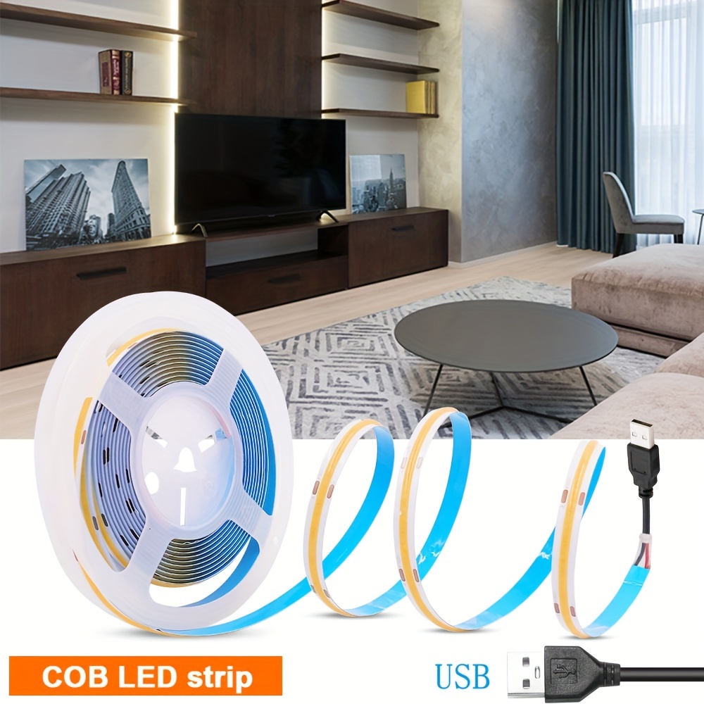 DC 5 V USB COB LED tira luz blanca fría 6000 K CRI 93+USB alimentado 6.6  pies/2M 640LEDs alto brillo uso interior IP20 luces de cinta LED flexibles