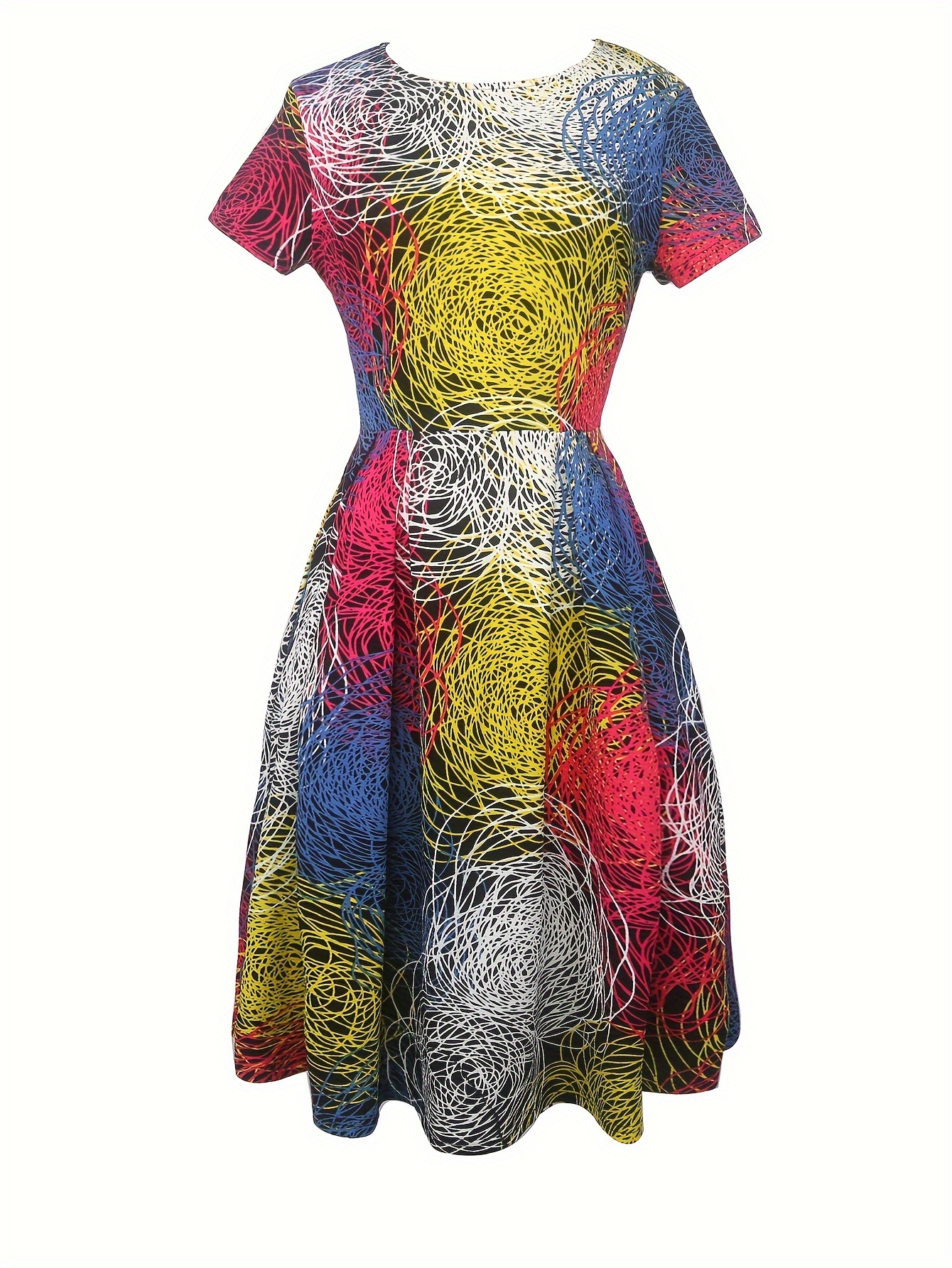 Abstraktes bedrucktes A-Linien-Schwingkleid, Vintage-Kurzarmkleid für Frühling & Sommer, Damenbekleidung