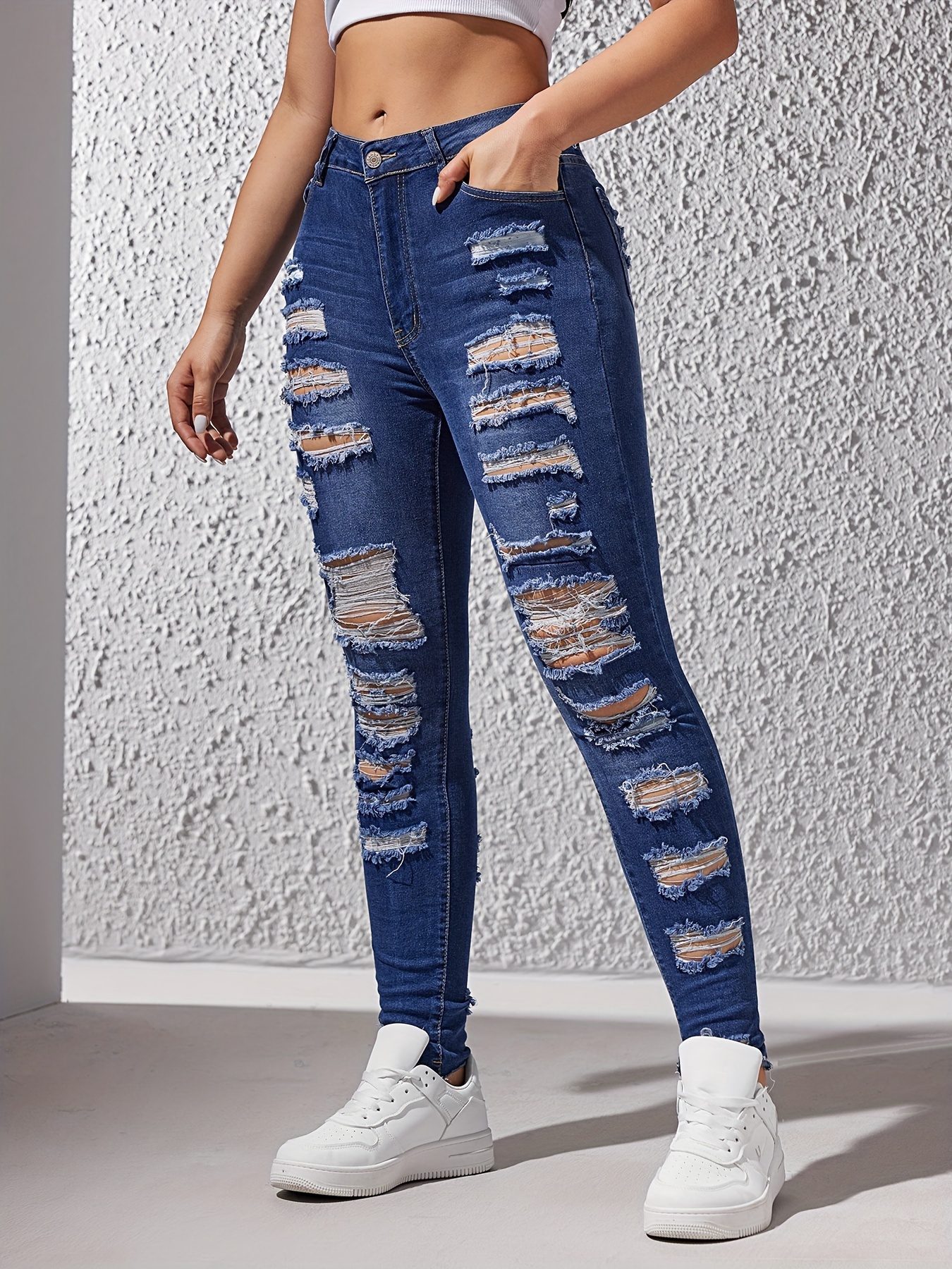y2k ripped holes distressed skinny jeans frayed hem - Temu