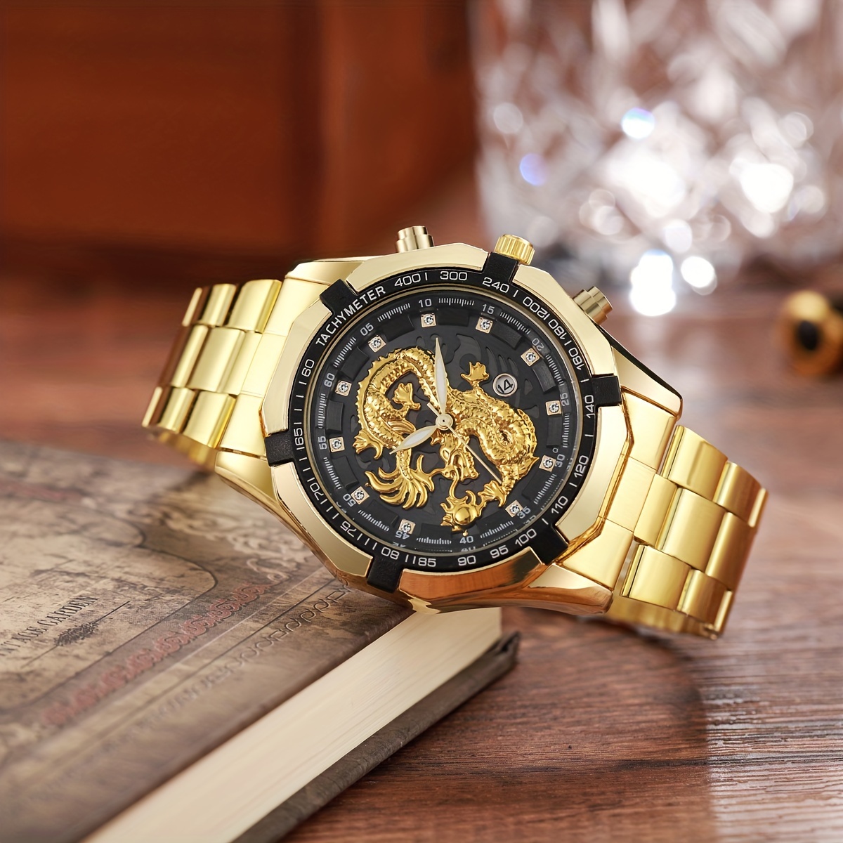 Mens Business Youth Large Dial Golden Dragon Luminous Calendar