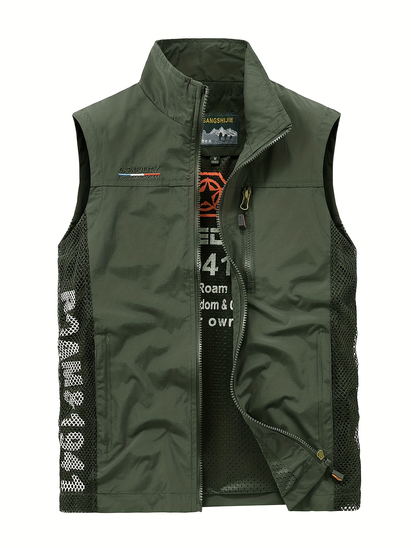 zipper pockets cargo vest mens casual outwear stand collar zip up vest for outdoor fishing photography