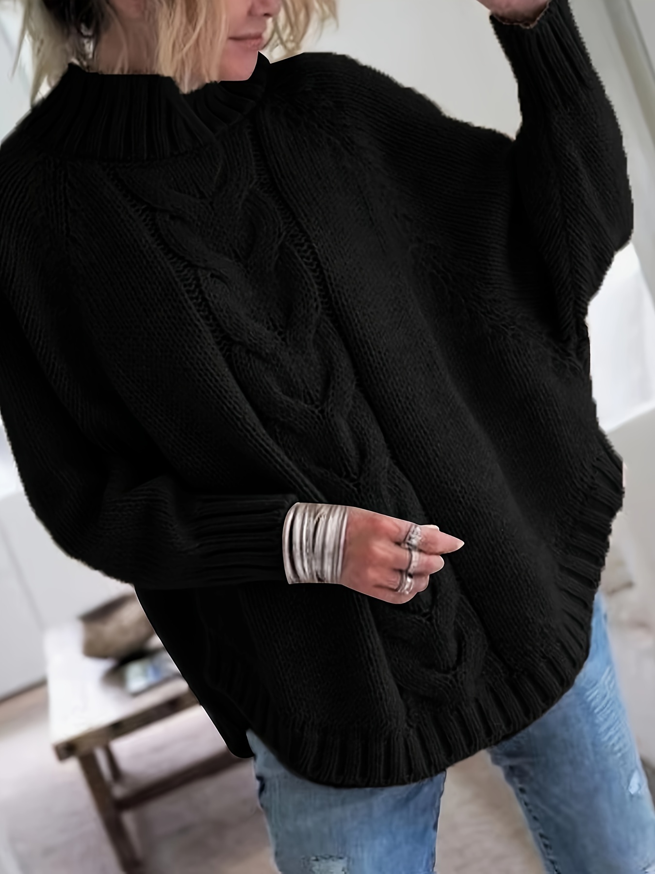 cable mock neck sweater vintage batwing sleeve curved hem sweater womens clothing details 8