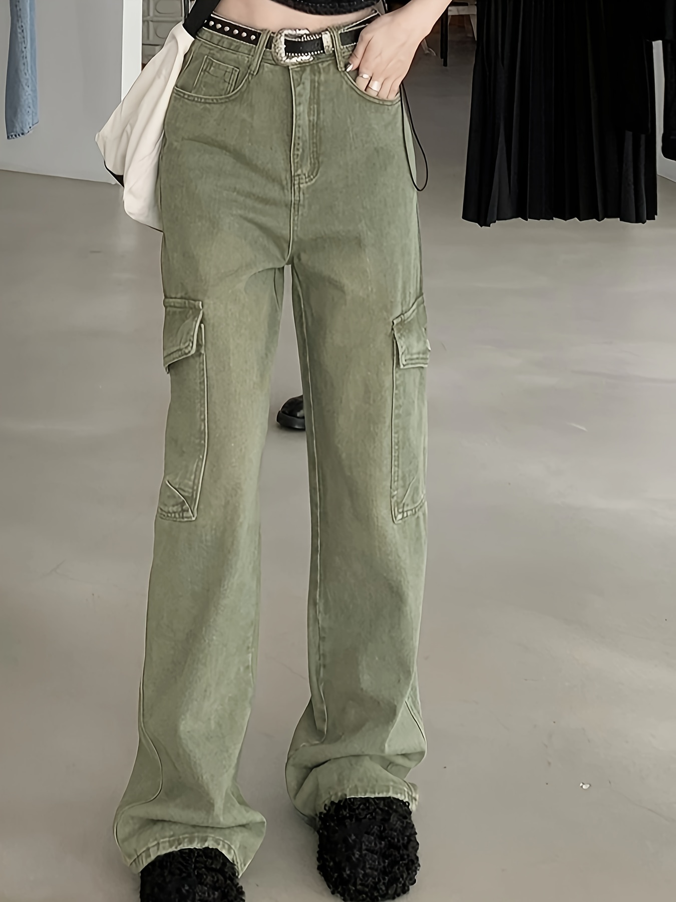 Side Flap Pocket High Waist Denim Cargo Pants Light Washed - Temu Canada