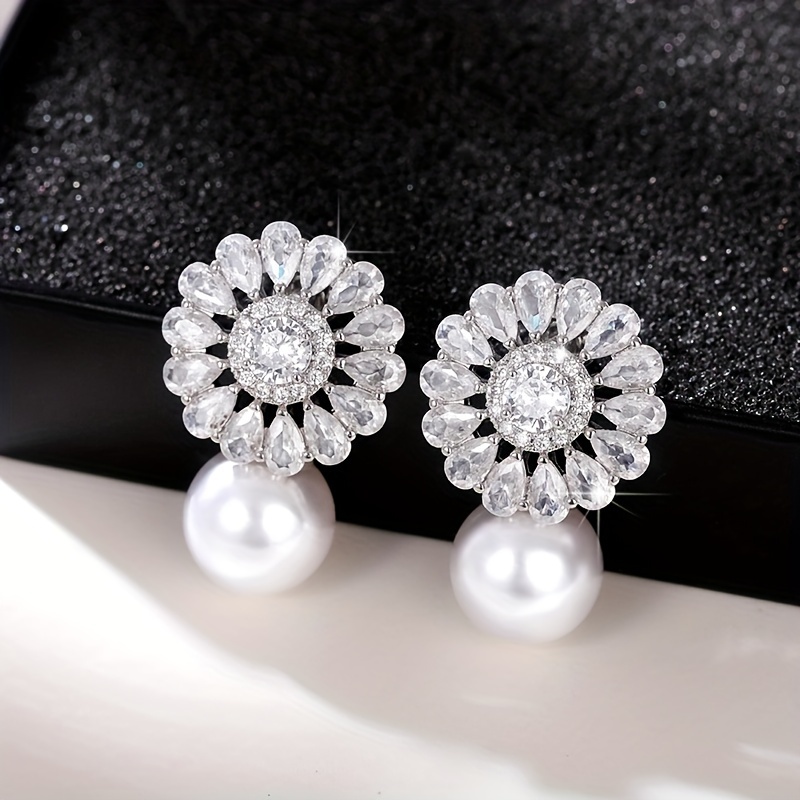 TEMU Fashion Flower Zirconia Imitation Pearl Drop Earring For Women