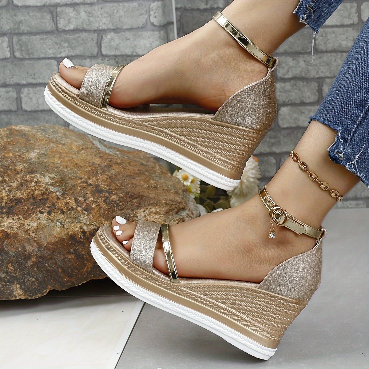 Women's Glitter Wedge Sandals Fashion Open Toe Ankle Strap - Temu