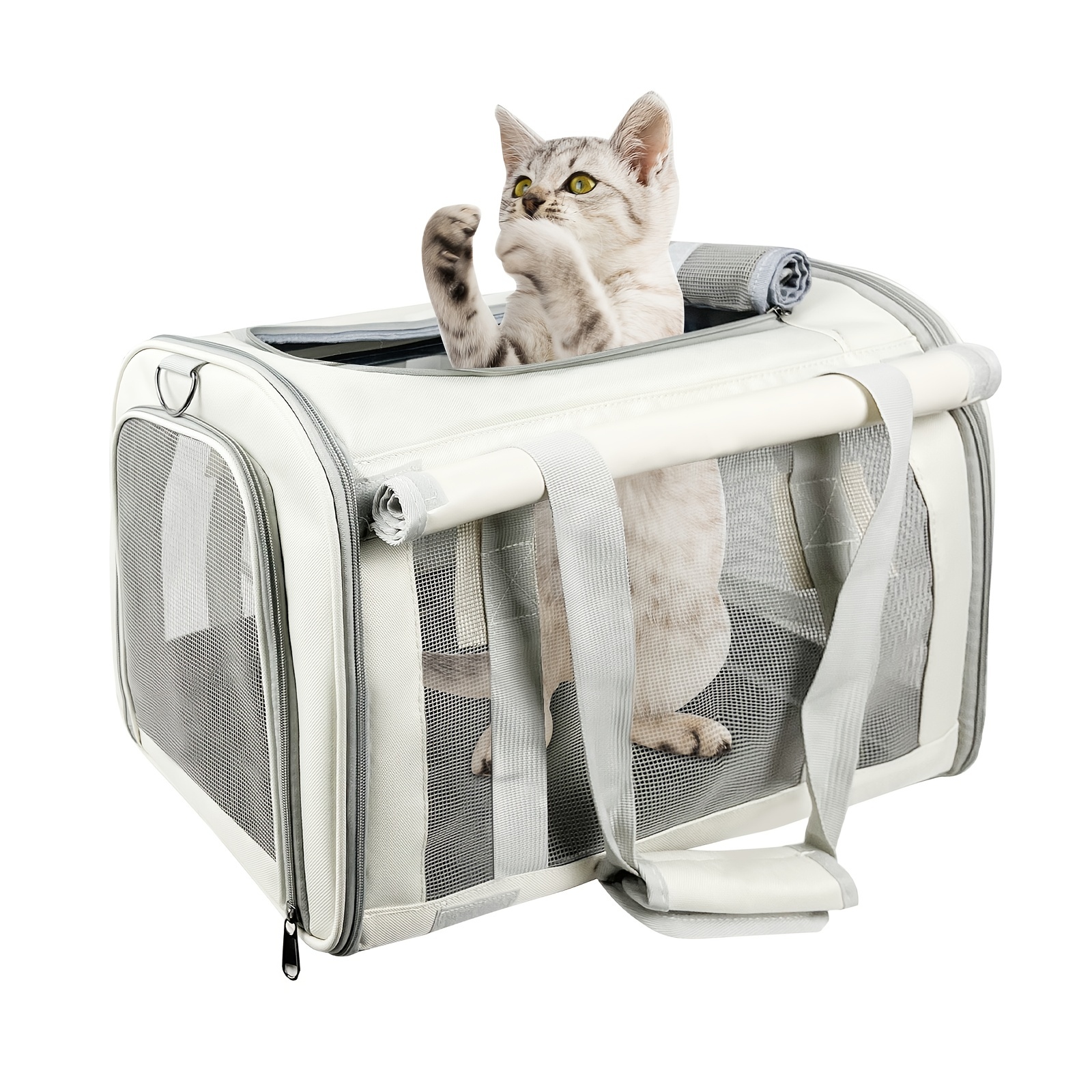Portable Travel Foldable Cat Carrier Bag - Soft & Durable with Lid - Ivory  White & Black