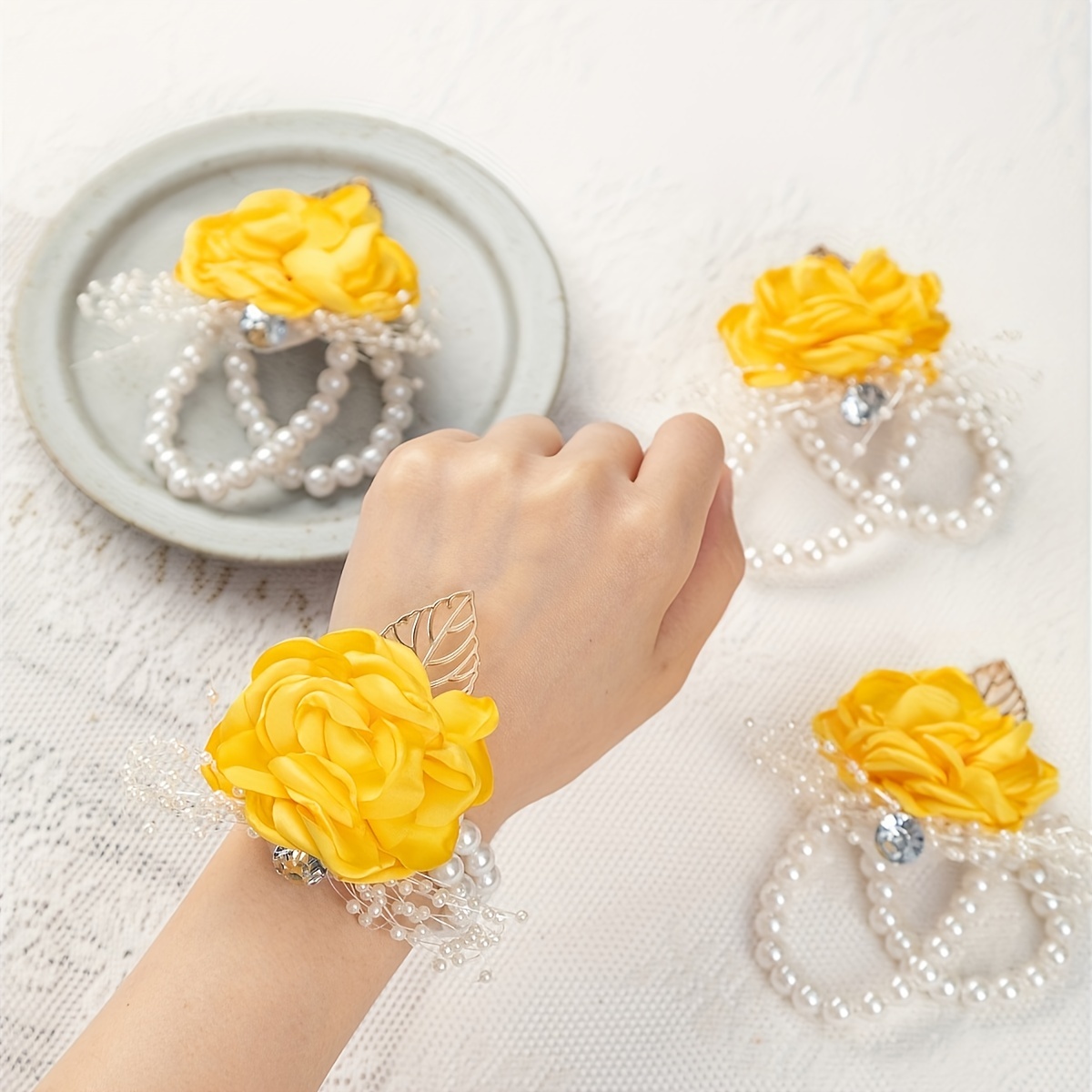 Bride Bridesmaid Wrist Corsage Elastic Bracelet Faux Rose - Temu