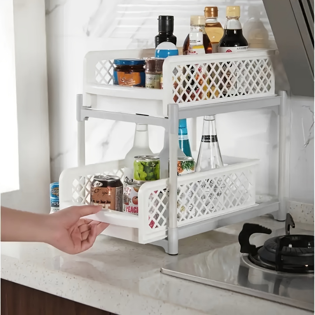 2 Tier Plastic Pull Out Shelves Plastic Organizer Shelf For Kitchen