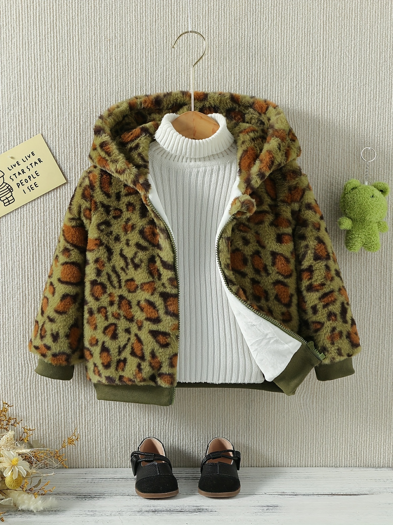 Girls Fleece Leopard Print Hooded Coat Zip Long Sleeve Winter Coat For Spring And Autumn And Winter