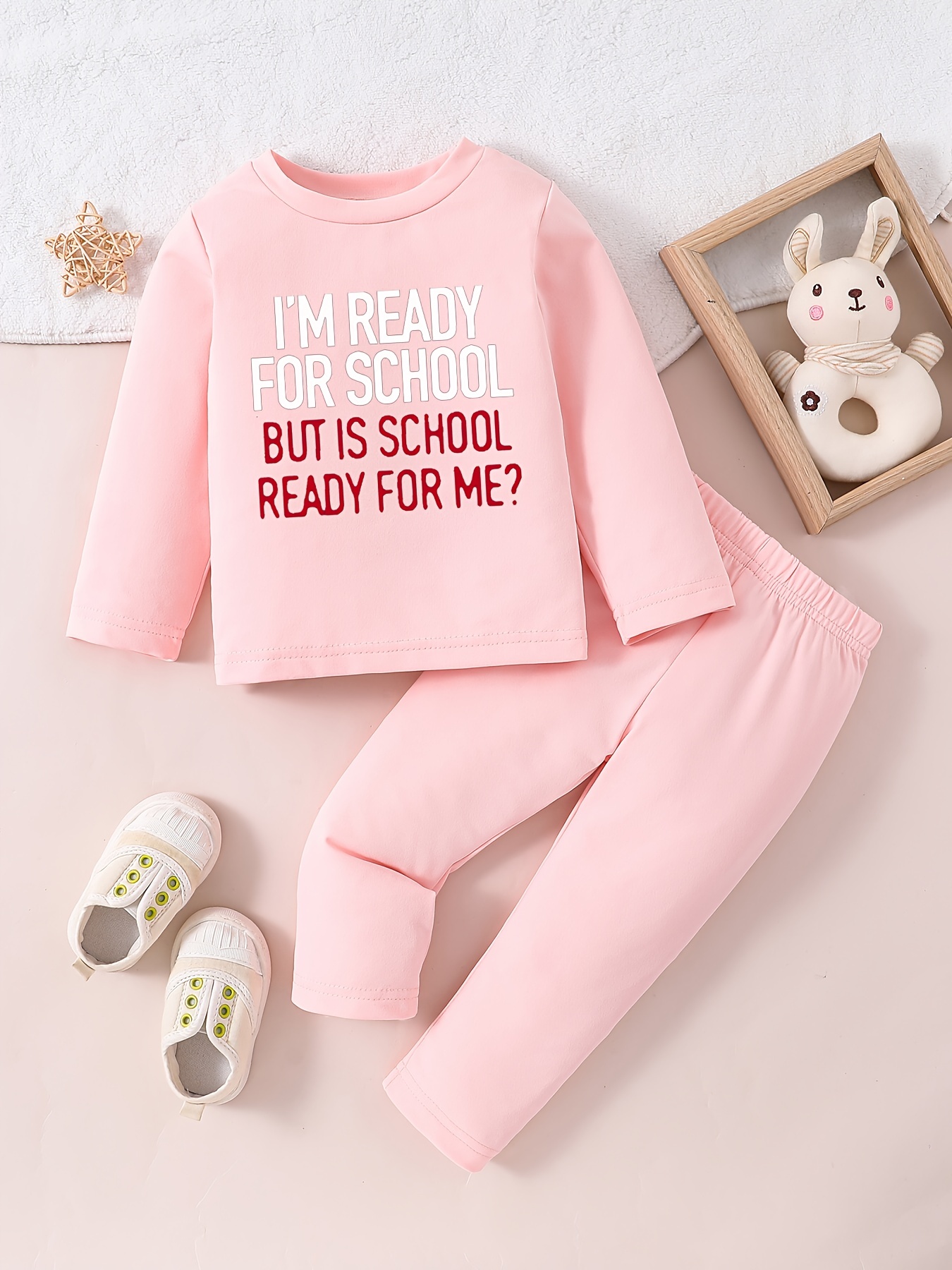 2pcs Baby Girl 95% Cotton Long-sleeve Letter Print Knot Front Crop Top and Solid Pants Set