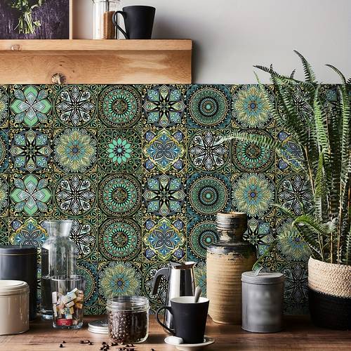 36PCS Hanging Decorative Tiles, Vintage Mandala Pattern Wall Sticker, Self-adhesive Waterproof Moisture-proof Square Flower Brick Stickers Adhesive, Can Be Applied To Kitchen Bathroom Fireplace Stairs Background Wall Decor, 5.9x5.9in, Home Supplies