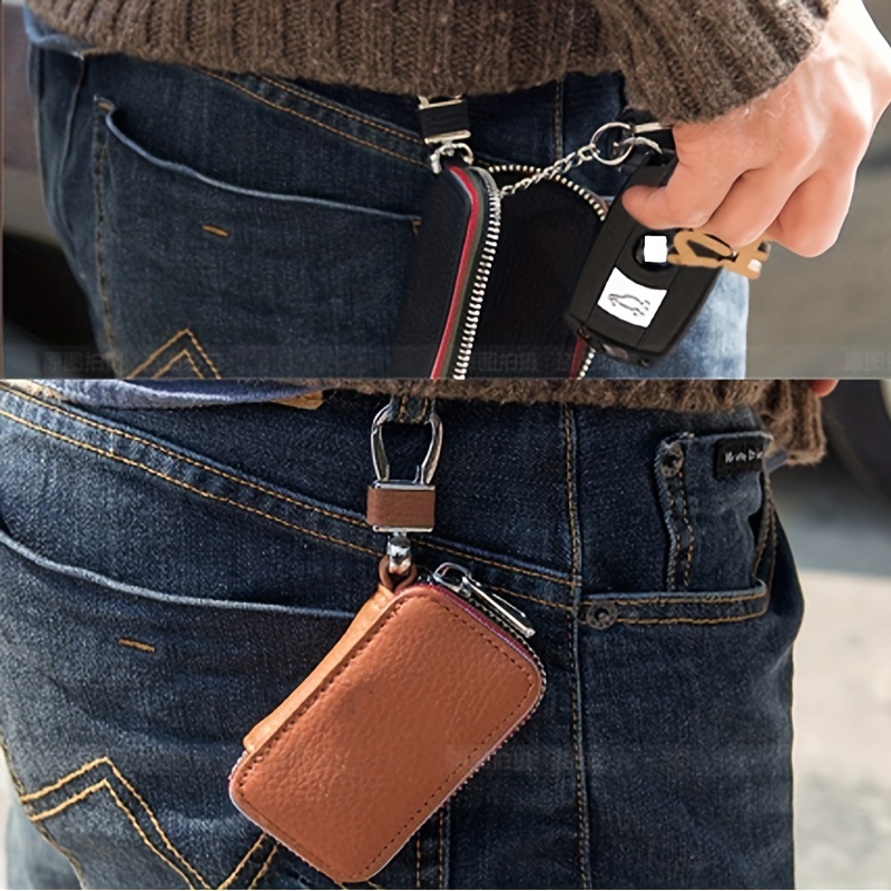 1pc Universal Key Fob Cover Car Key Case Key Fob Protector Genuine Leather  Car Keychain Holder Metal Hook Key Ring Zipper Bag For Remote Key Fob, Save Money On Temu