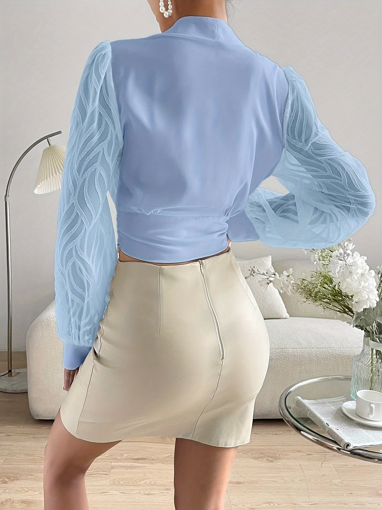 Surplice Neck Cinched Waist Blouse Elegant Long Sleeve Crop - Temu