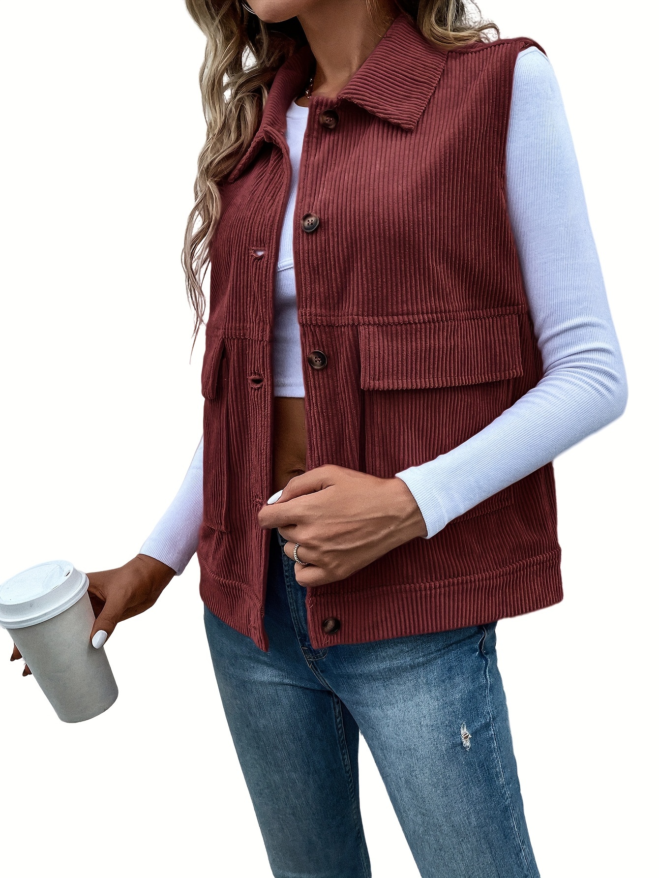 solid button front vest sleeveless vest jacket with pockets for spring fall womens clothing