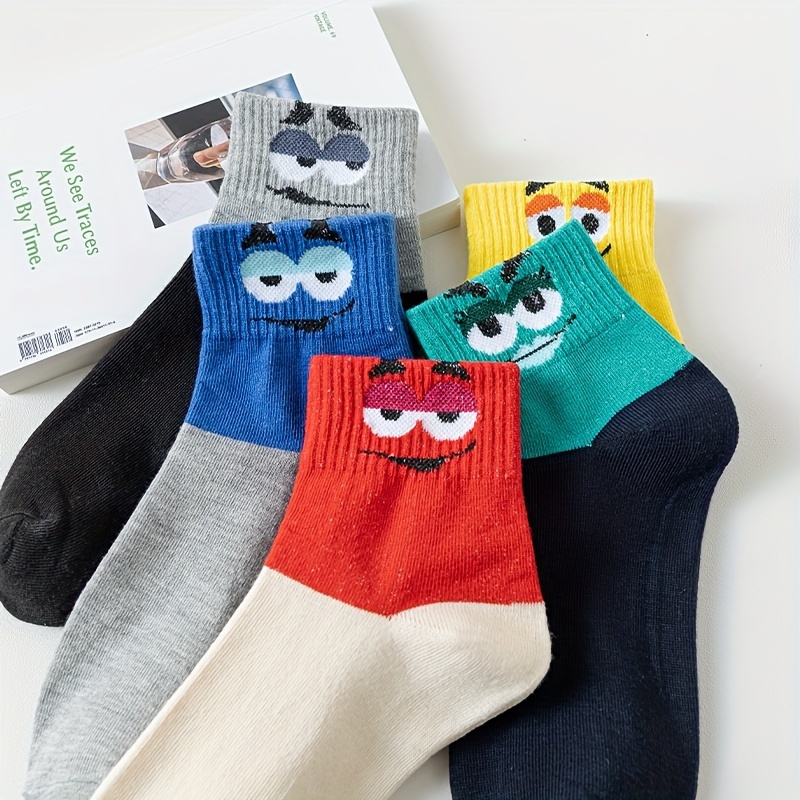 5 Pairs Cartoon Eyes Print Socks, Soft & Comfy Ankle Socks, Women's Stockings & Hosiery