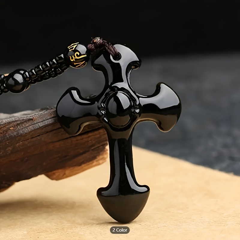 1pc Men's Black Cross Pendant Necklace, Beaded Long Chain