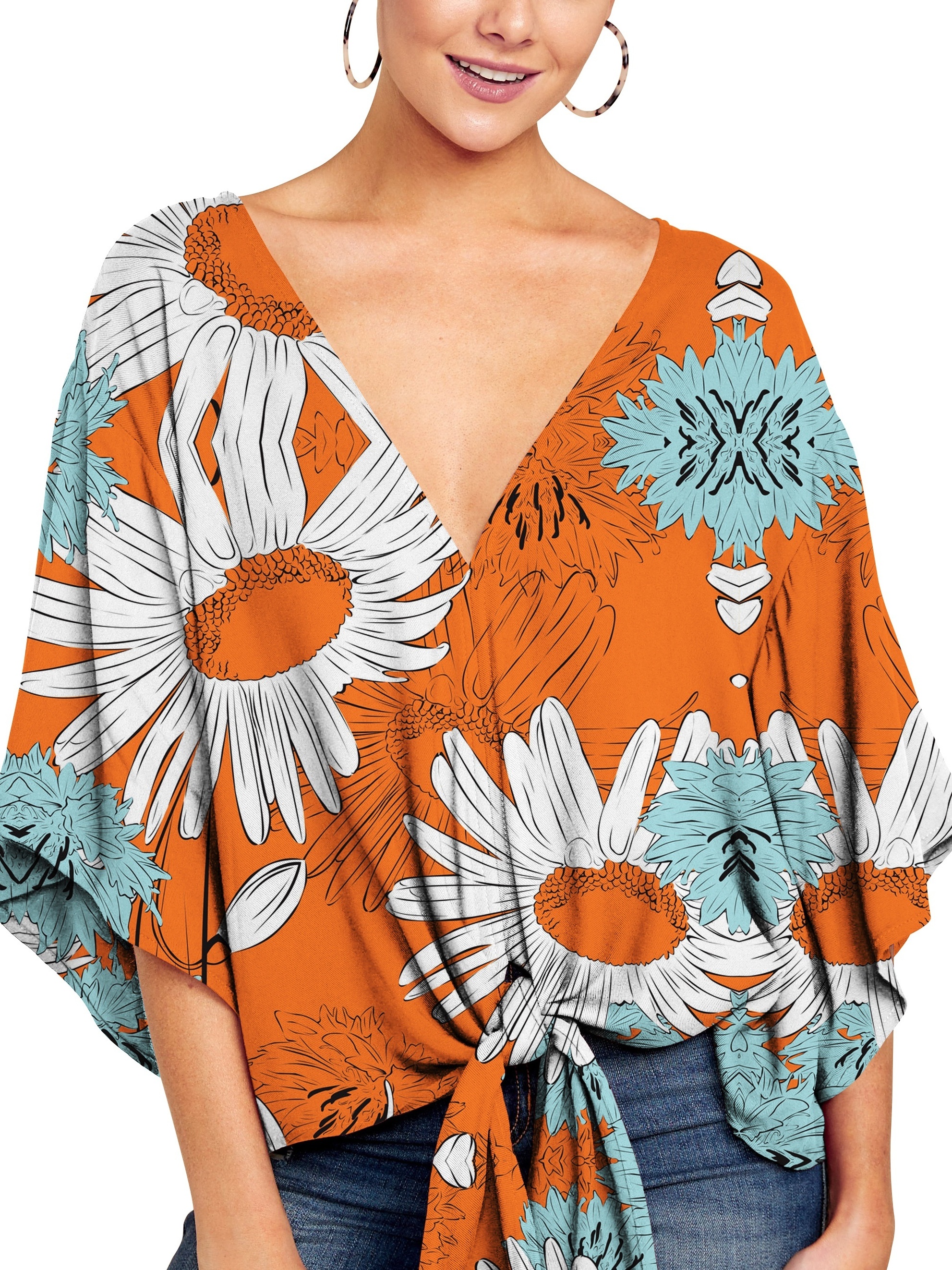 Plus Orange Wrap Over Floral Blouse, Women's Blouses