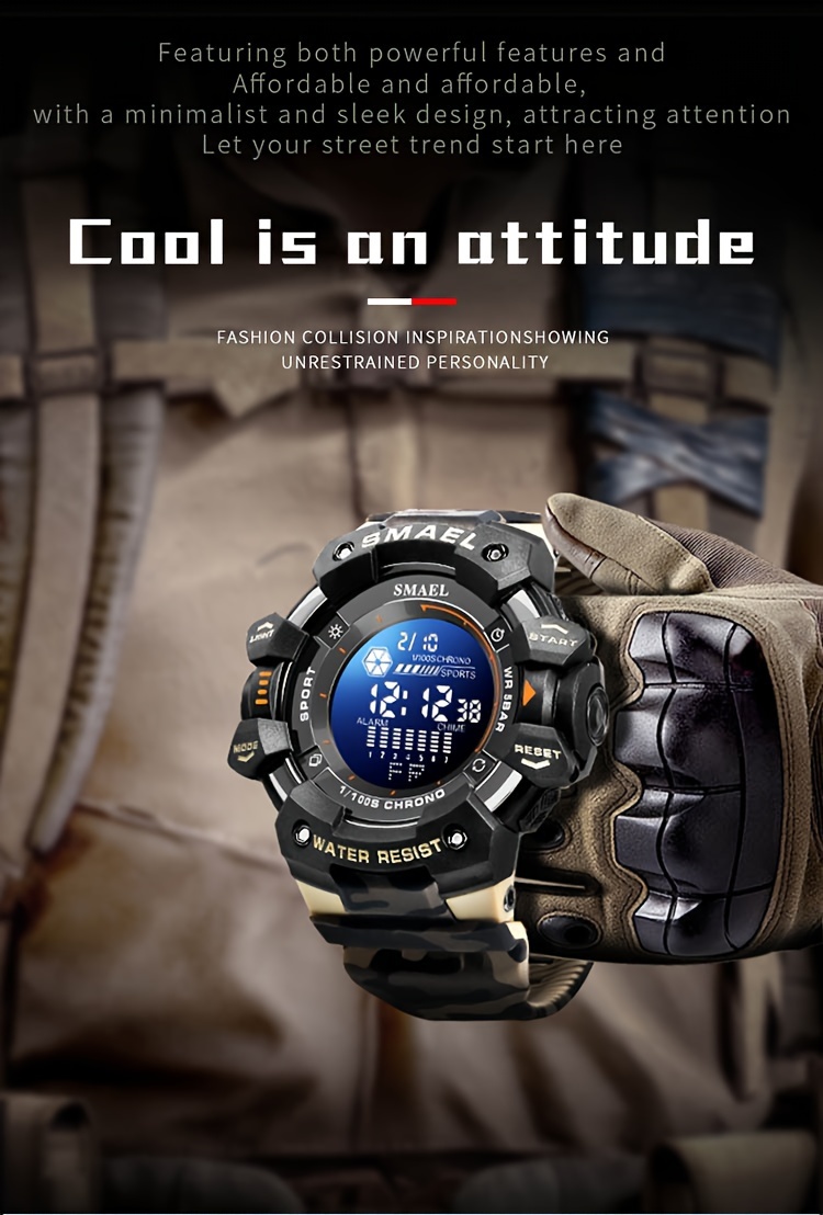   sports digital wristwatch for outdoor mountaineering led night light multifunctional alarm calendar watch with large dial camo strap details 1