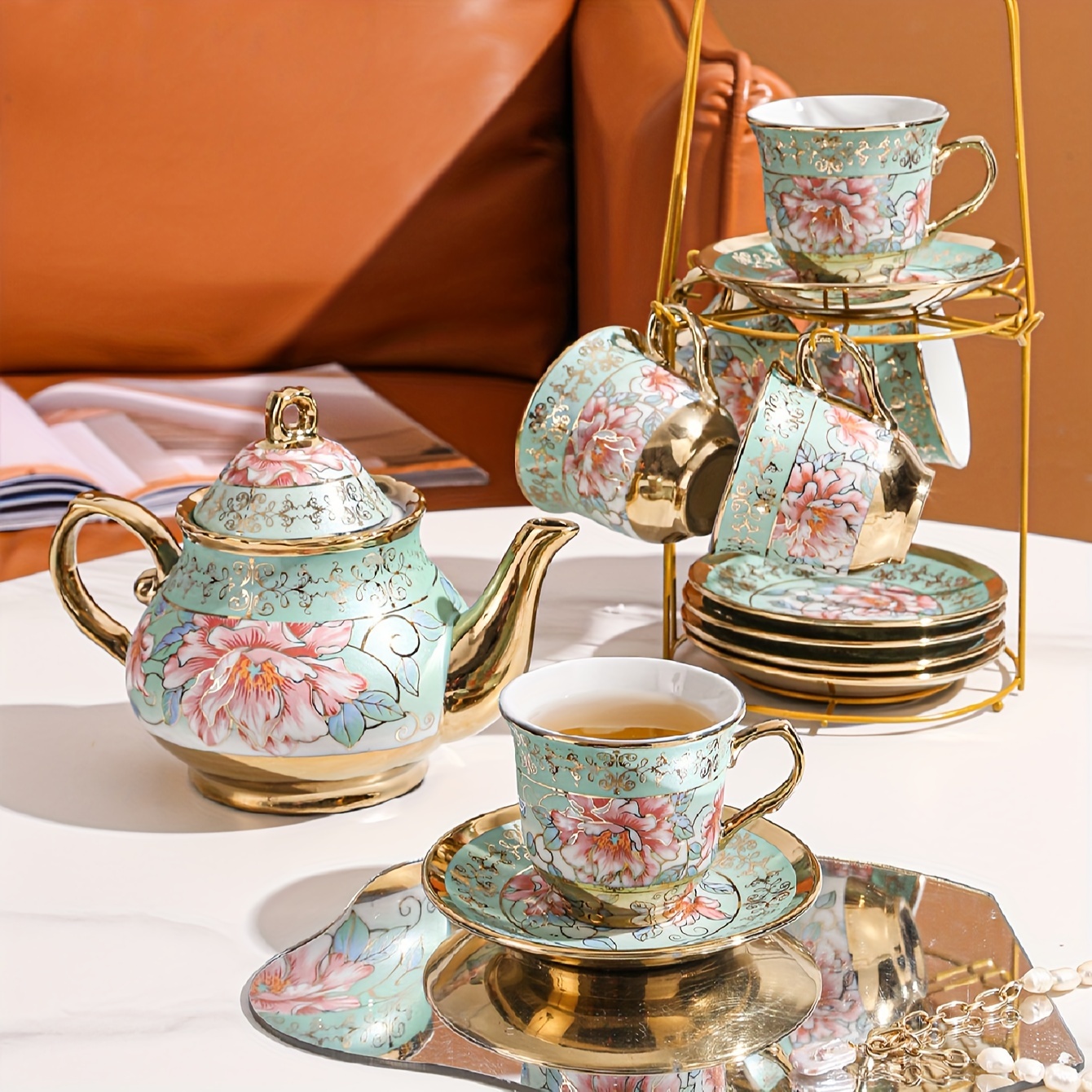 Tea Set, Ceramics Tea Set, Afternoon Tea Set, 6 Cups, 6 Plates, 1