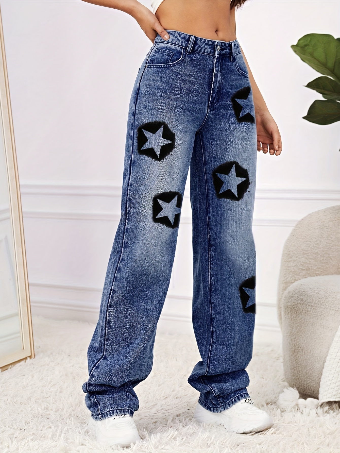 Star Pattern Washed Straight Jeans Loose Fit Slant Pockets - Temu