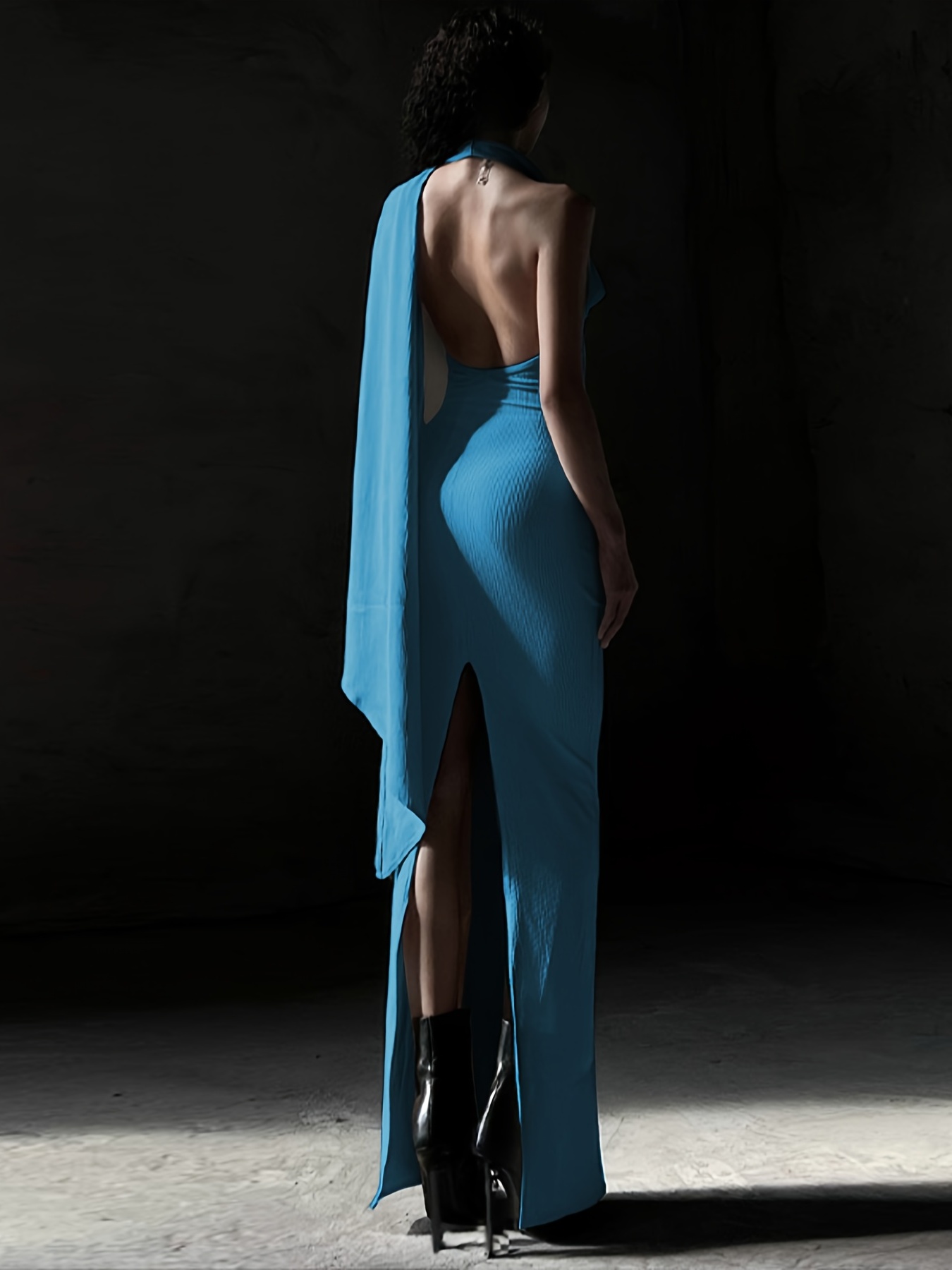 Solid High Split Halter Neck Dress Elegant Bodycon Backless - Temu Canada