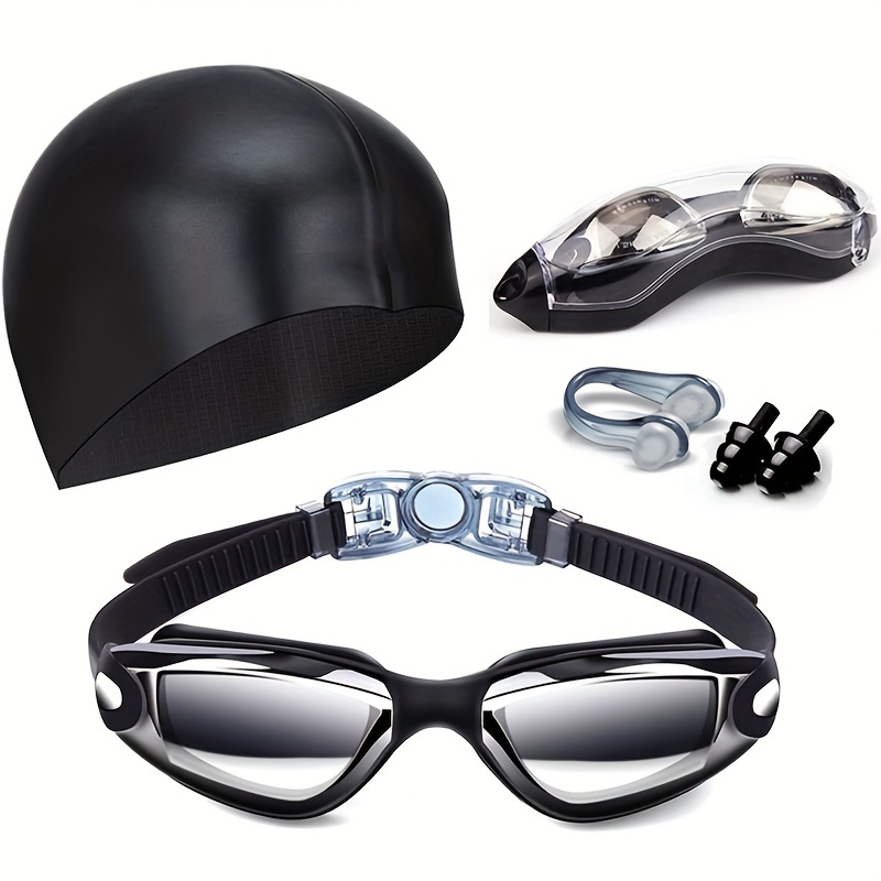 

5-in-1 Swimming Goggles And Cap Set With Nose Clip And Ear Plugs - Waterproof And Fogproof Electroplated Glasses For Clear Vision And Comfortable Swim