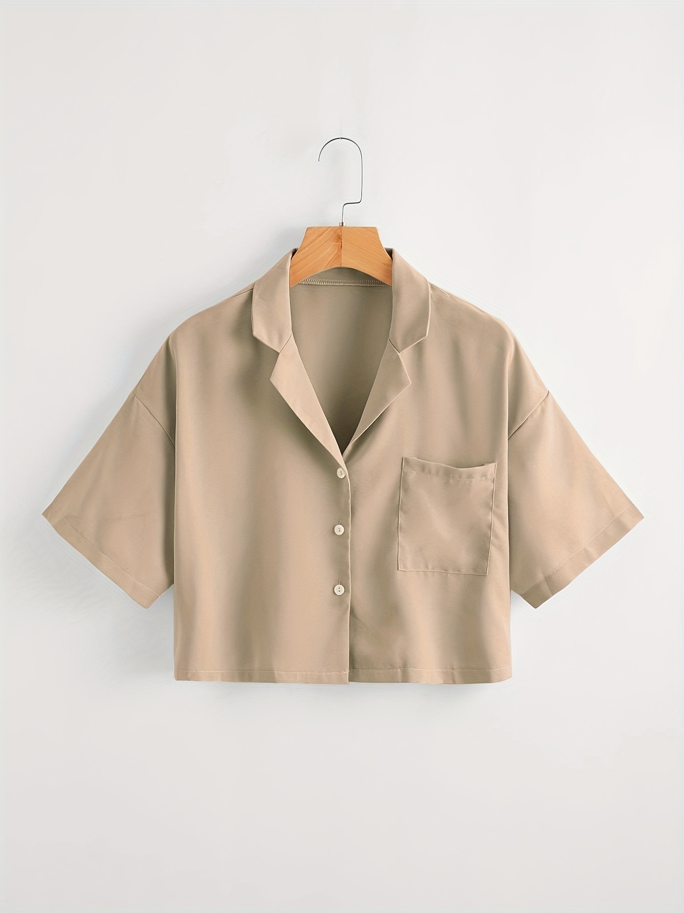 Solid Cropped Shirt Elegant Lapel Button Front Short Sleeve - Temu