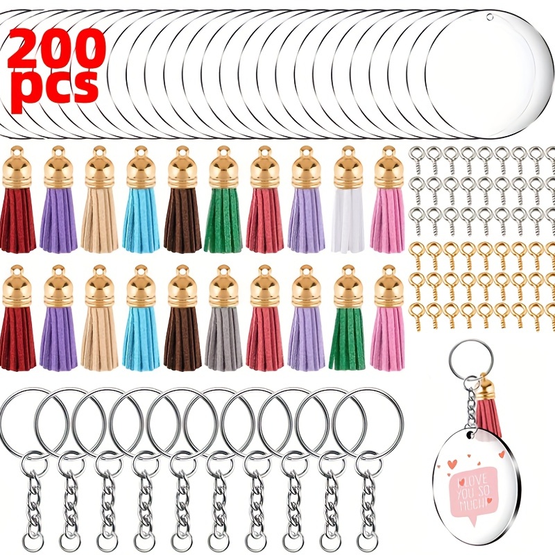 Temu 200pcs Blank Keychains for Vinyl, Acrylic Keychain Blanks Bulk with 5 Shapes Clear Acrylic Disc, Leather Tassel Charms Key Chains Jump Ring for DIY