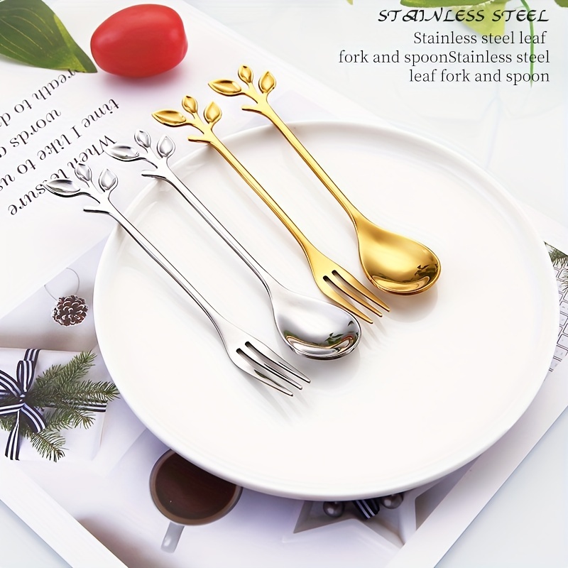 1pc Stainless Steel Branch Spoon Leaf Spoon Stainless Steel Fork Fruit Fork Cake