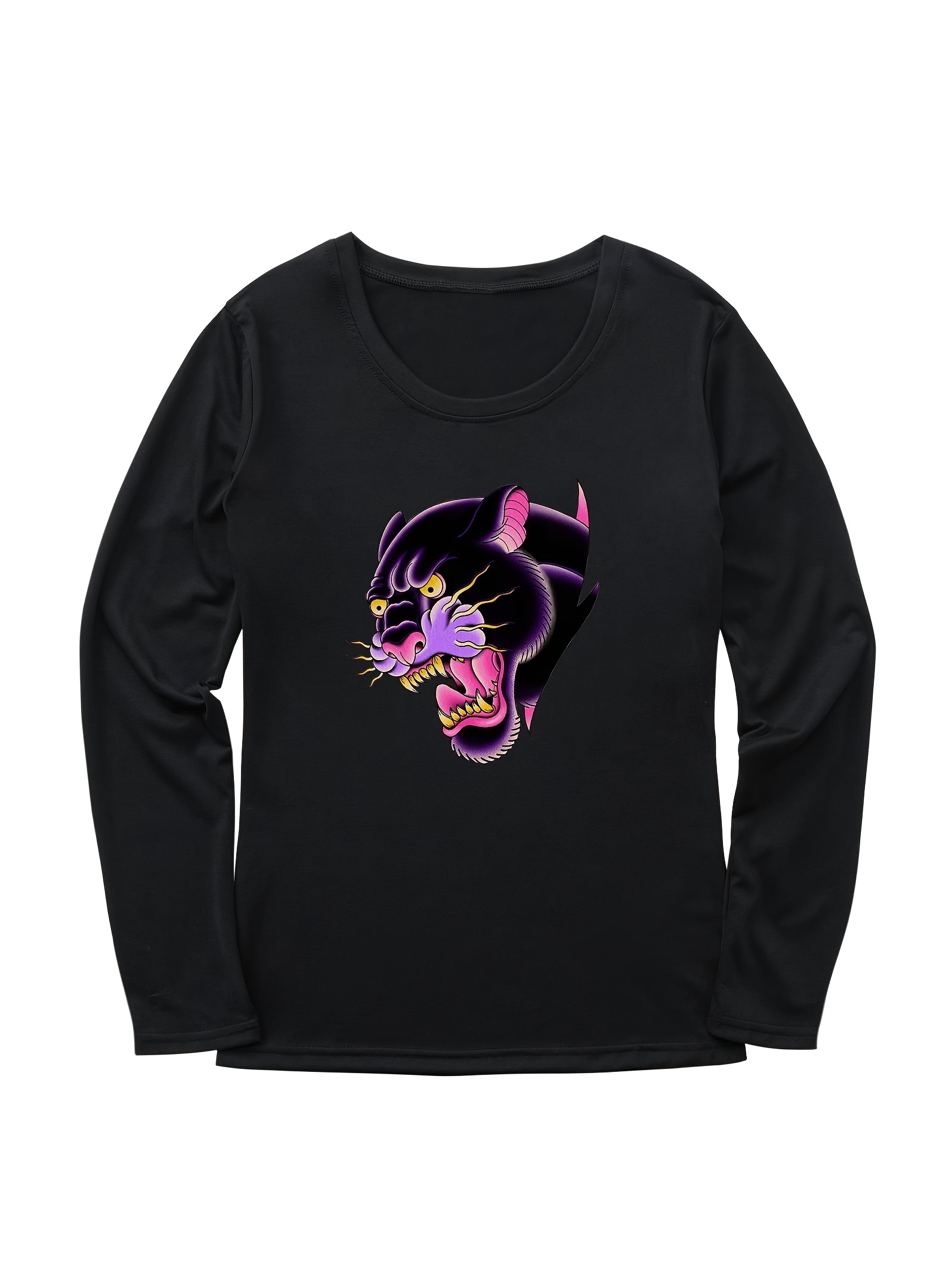 Sleeve Neck Long - Graphic Crew Print Temu shirt Panther T