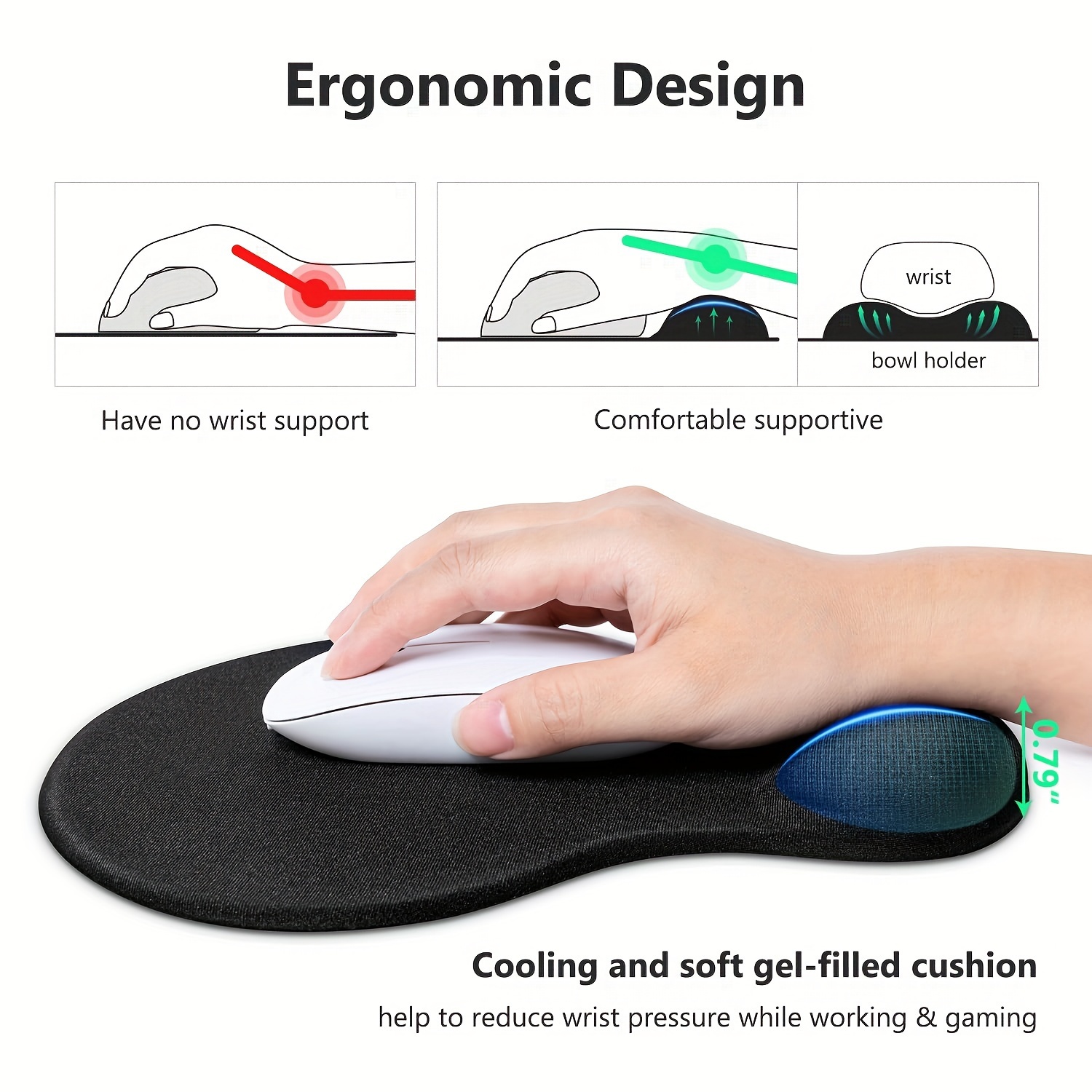 Mouse Pad Ergonomic With Gel Comfort Wrist Rest Support, Gaming Mouse Pad  With Lycra Cloth Nonslip