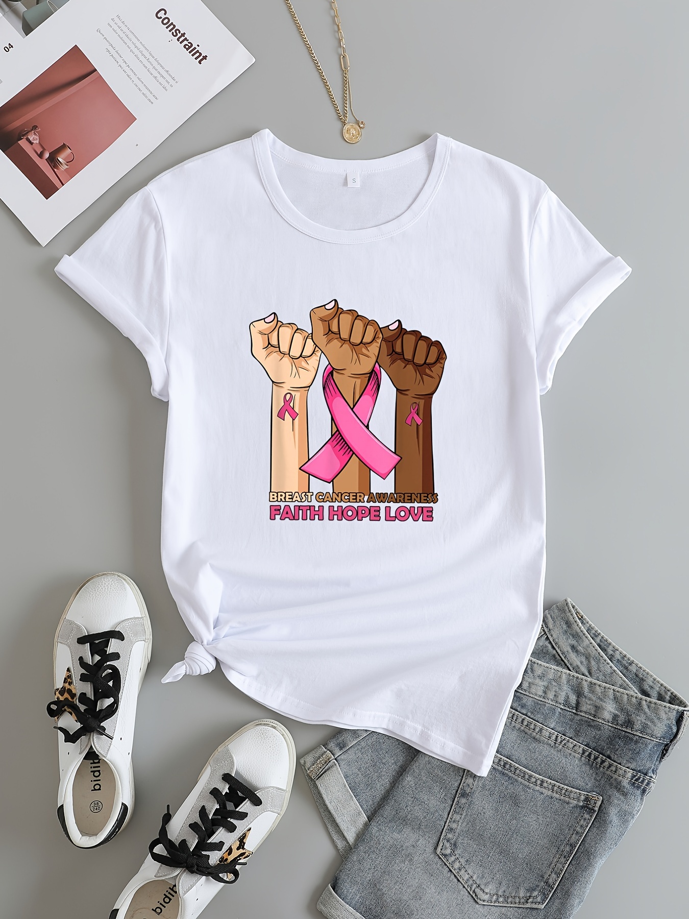 Breast Cancer Awareness Letter Print Graphic T-shirt, Short Sleeve Crew  Neck Shirt, Casual Every Day Tops, Women's Clothing - Temu Luxembourg