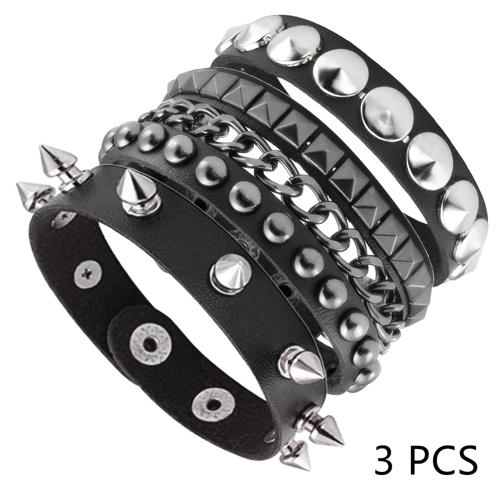 Punk Armbänder Set 3-teilig - Gothic Lederarmbänder Mit Metallnieten