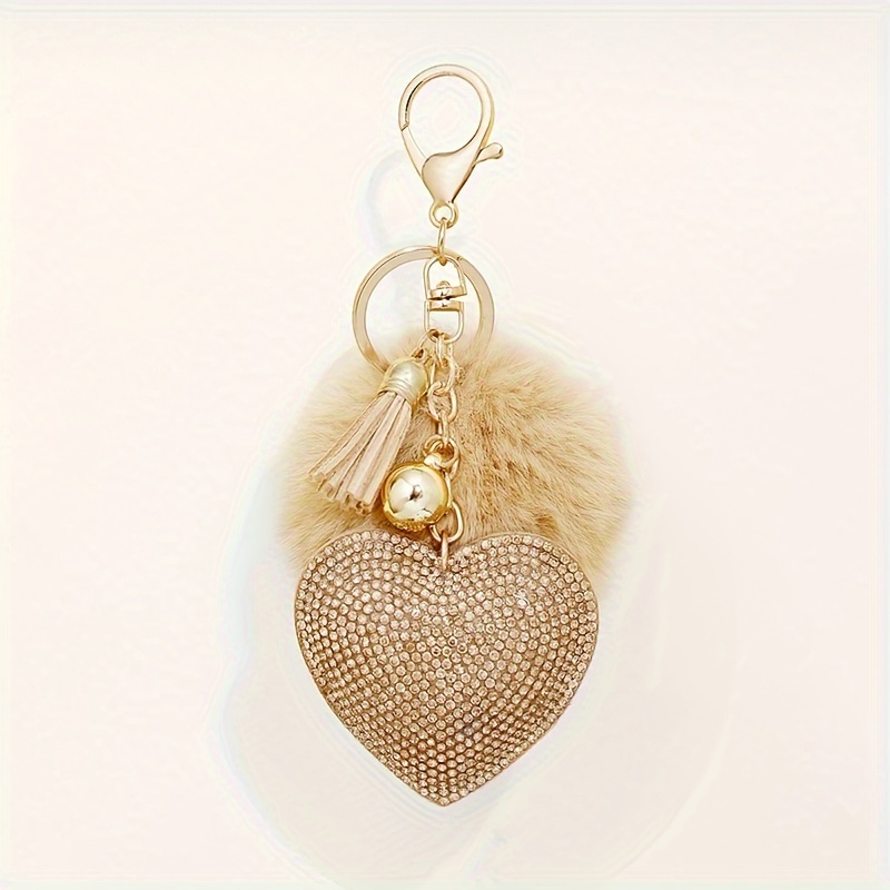 BlingPink USA Adorable Heart Purse Bag Bling Rhinestone Keychain Keyring with Rope Strap and Pom Pom Ball Faux Fur Ball for Car Key