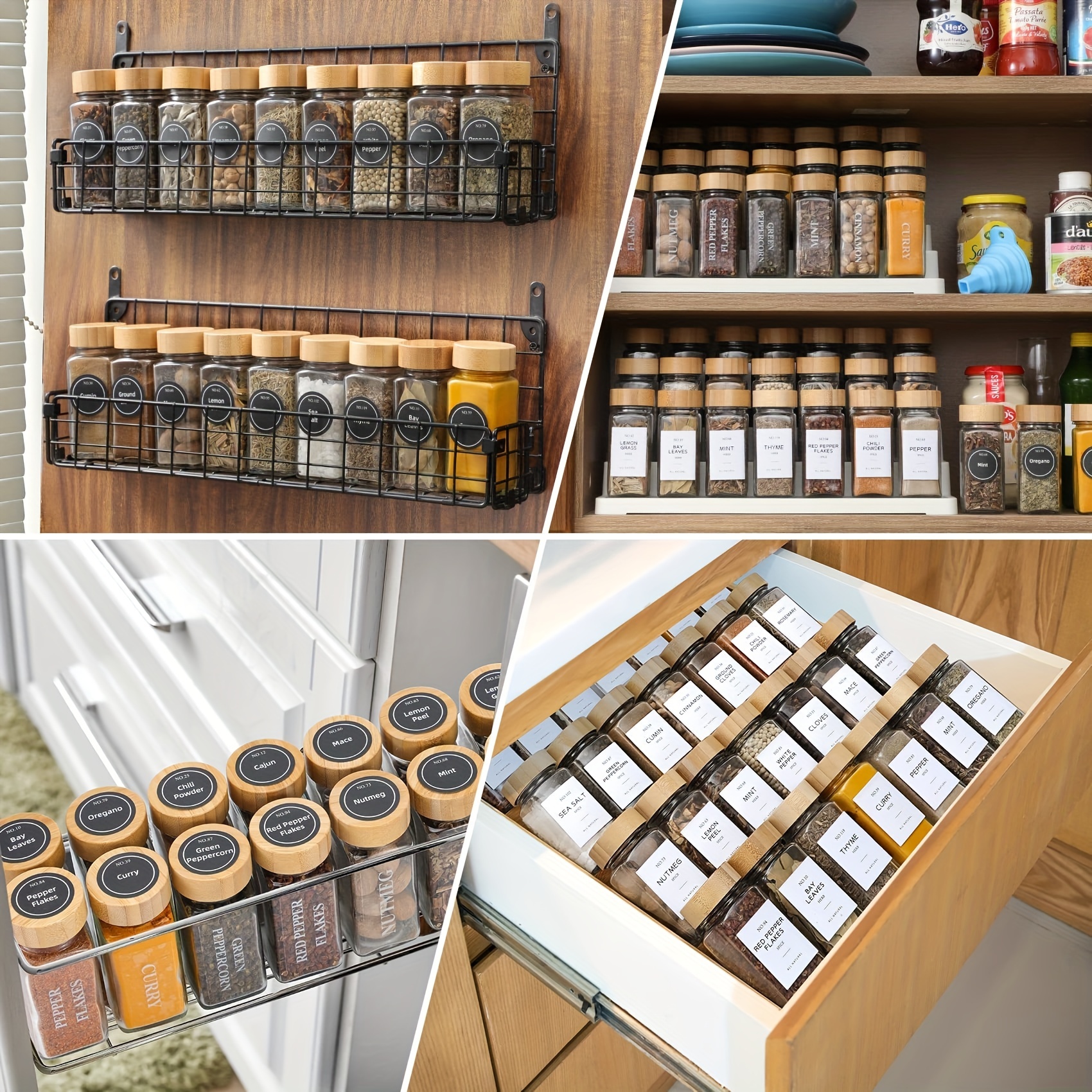 12pcs, Glass Spice Jars With Labels And Organizers, Spice Jars With Bamboo  Covers, Empty Glass Spice Jars With Labels, Seasoning Organizer Jar Labels