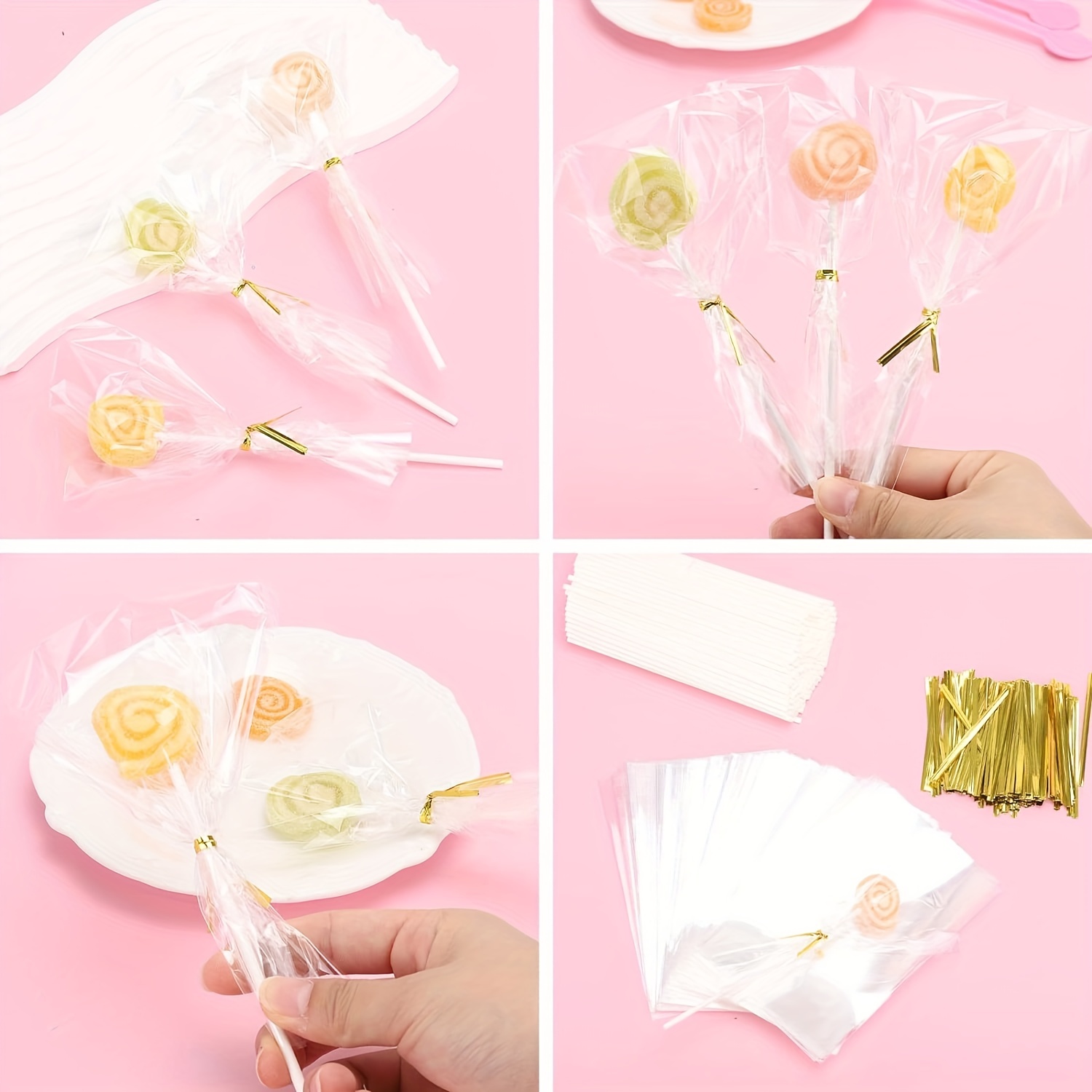 300 PCS Cake Pop Sticks and Wrappers Kit, Including 100ct 6-inch Paper Lollipop  Sticks, 100ct Clear Candy Treat Bags Parcel, 100ct Gold Twist Ties for  Cakepop, Lollipop, Hard Candy, Suckers, Chocolate 