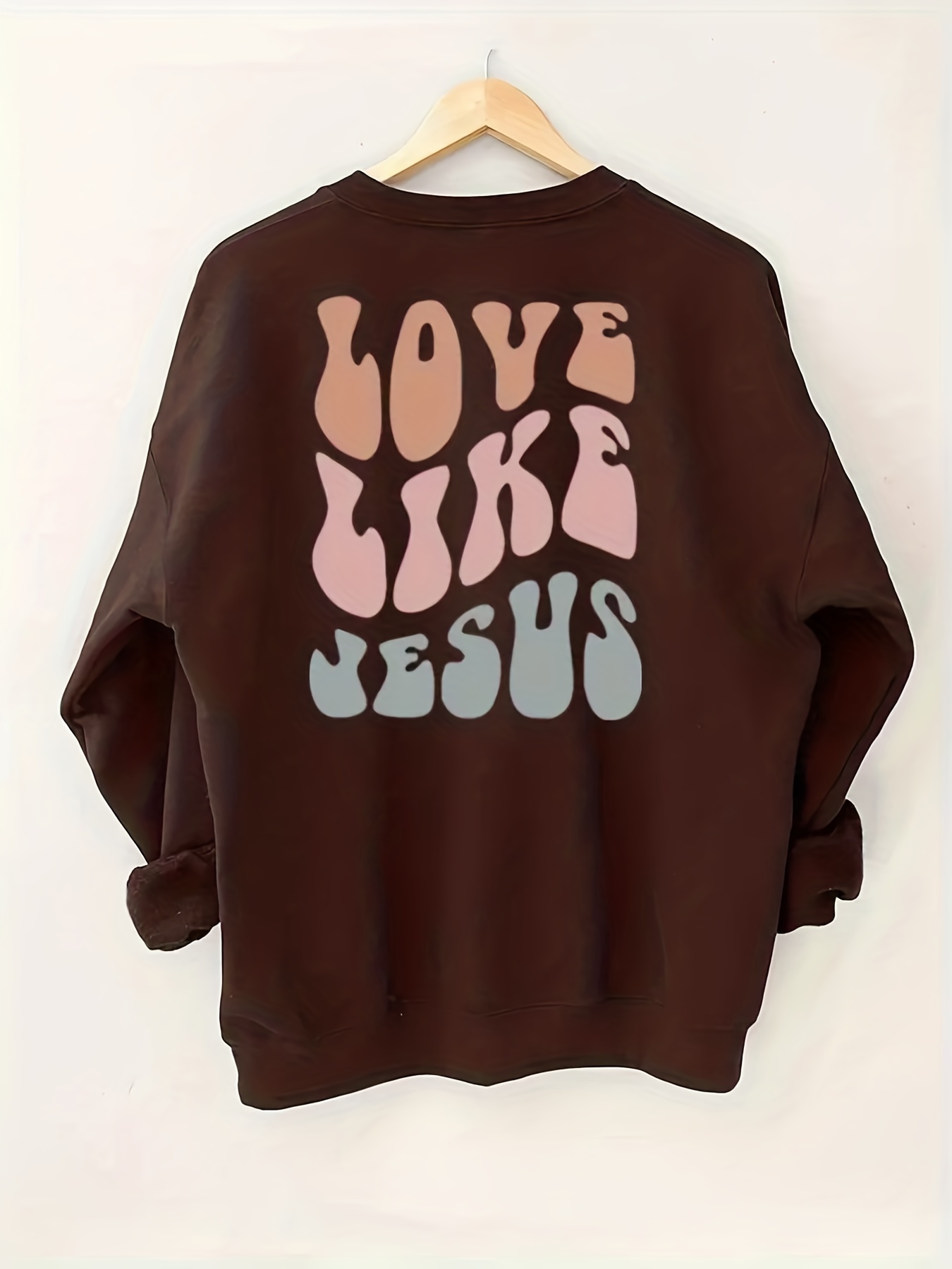 love like jesus print sweatshirt casual long sleeve crew neck sweatshirt womens clothing details 0