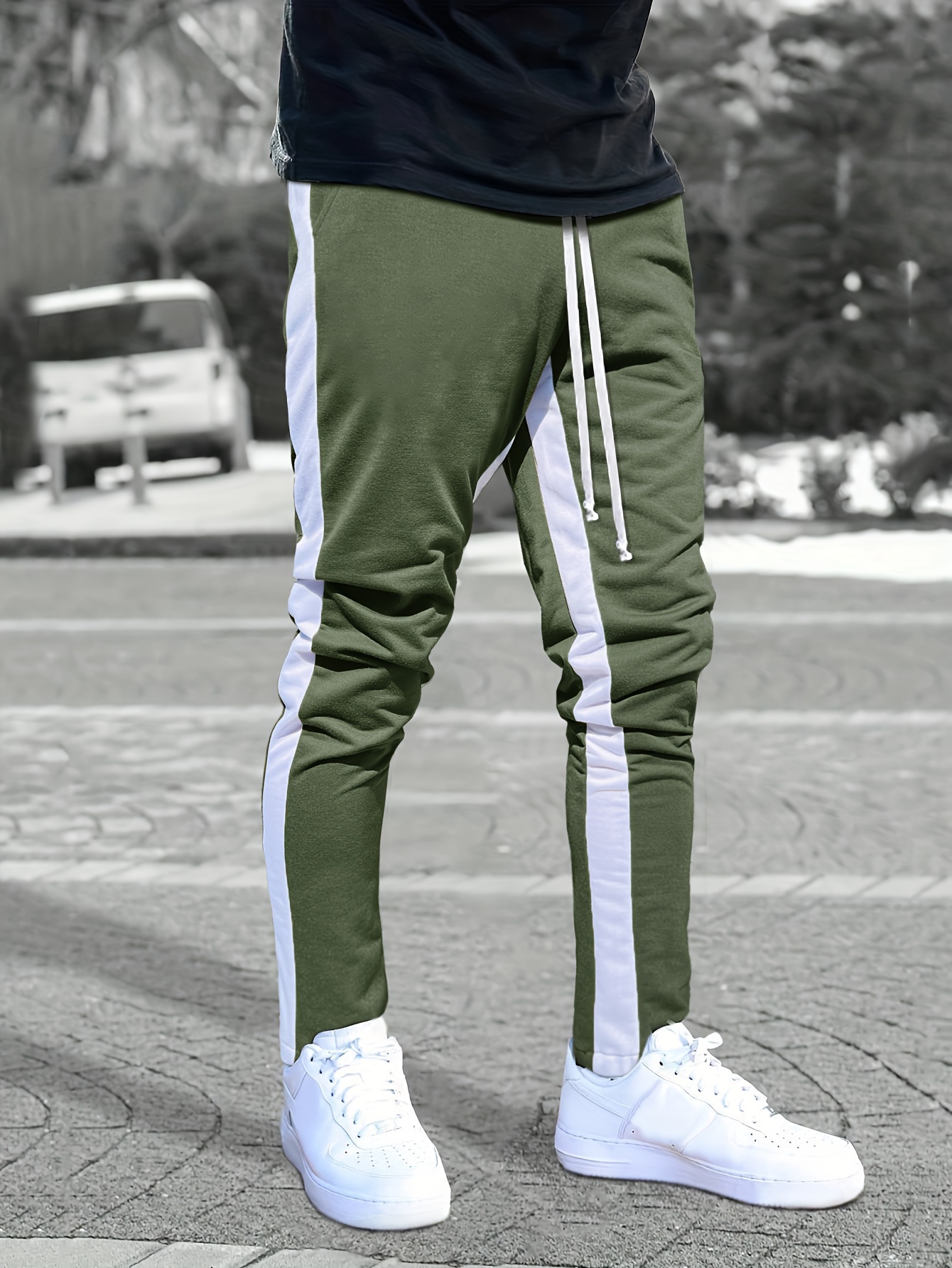 Casual Stripes Baggy Sweatpants Black Side Slit Design Jogger