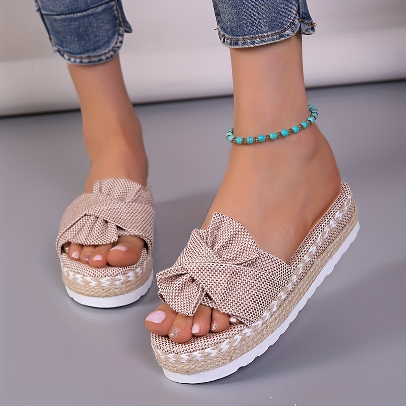 womens platform espadrilles slippers bow open toe solid color anti skid slippers casual beach slides details 3