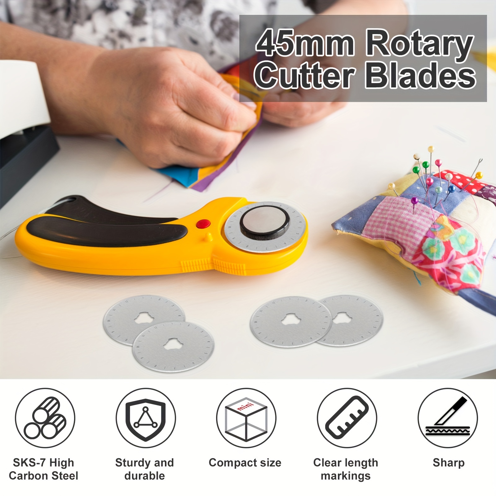 WA Portman Rotary Cutter Set with Blades - 45mm Rotary Cutter with Safety  Lock - 20 Extra SKS-7 Steel Rotary Fabric Cutter Blades - Fabric Cutter