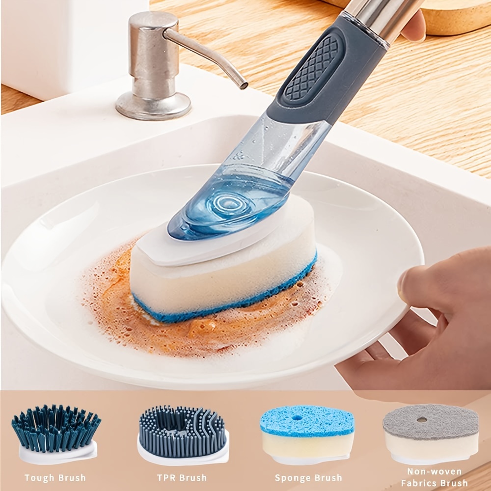 Soap Dispensing Dish Bristles Brushes Sponge Head Kitchen Clean
