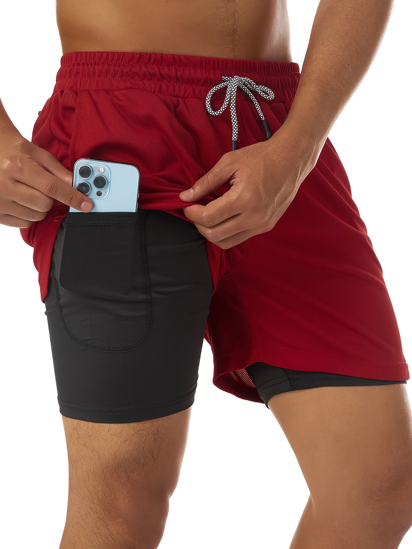 Men's Two Layers Gym Running Shorts With Pockets, Active Quick Dry Mid Stretch Breathable Durable Drawstring Workout Shorts For Summer Outdoor