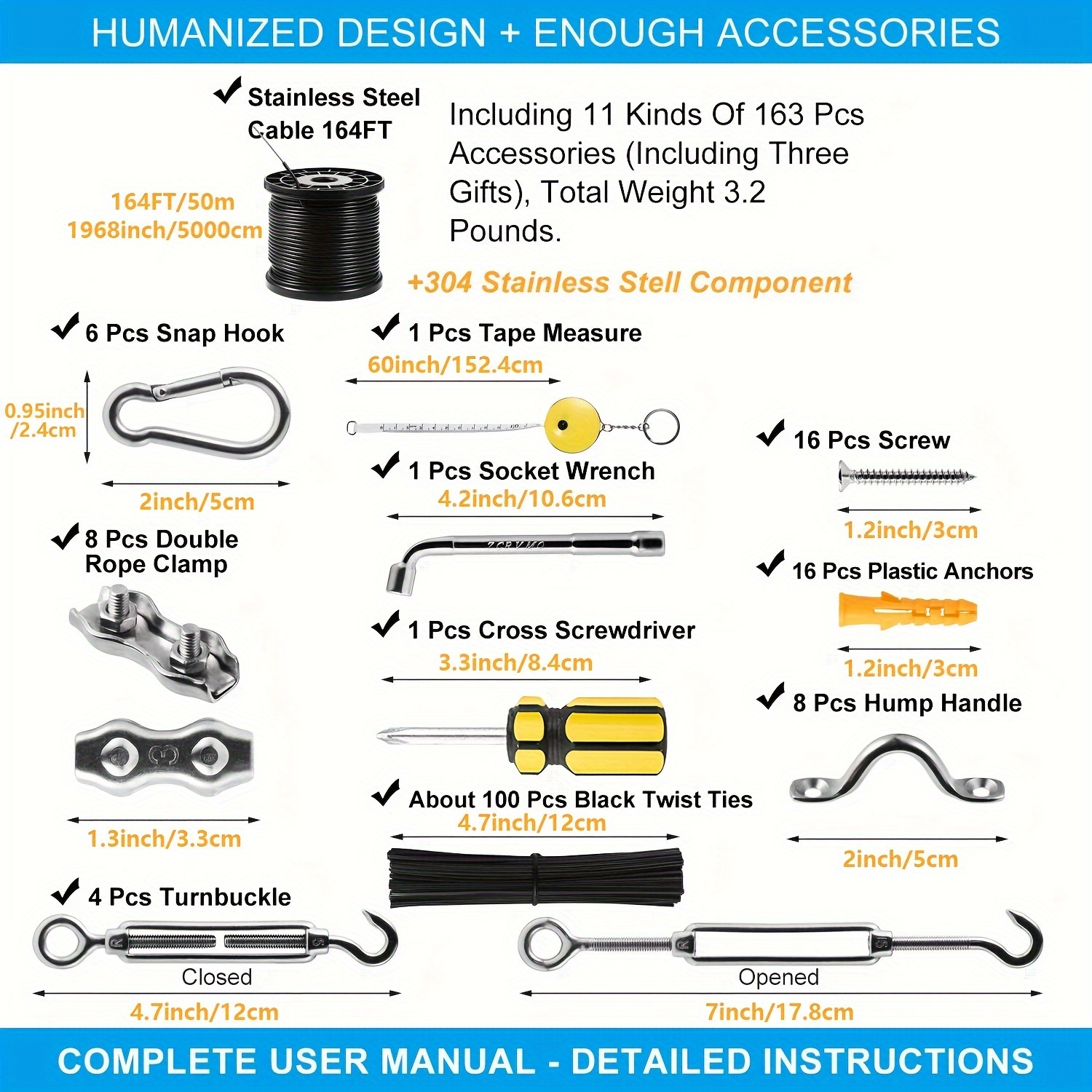 Stainless Steel Hanging Kit 164 FT Coated Wire Rope Assembly Turnbuckle And  Hook